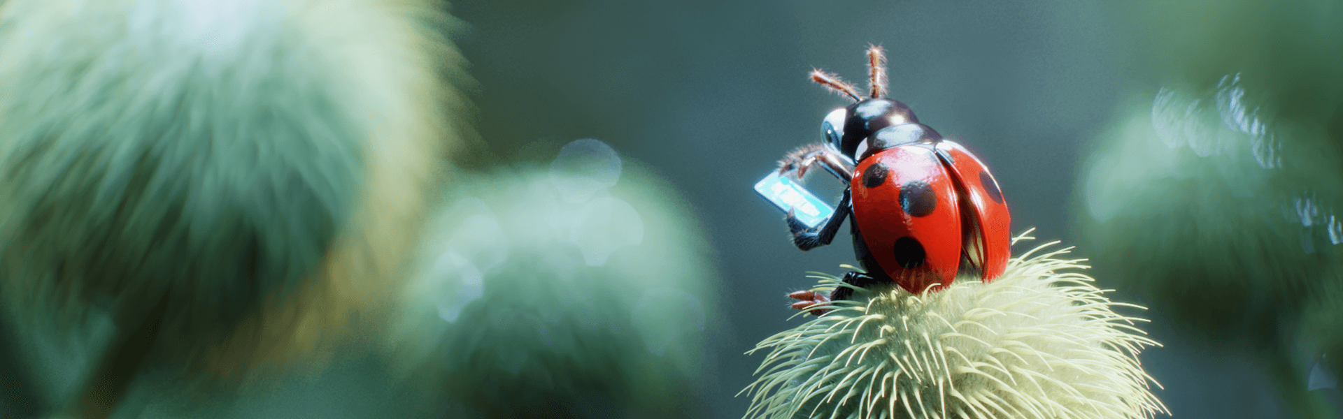 a vibrant red ladybug with glossy black spots is perched atop a soft green flower bud the ladybug holds a tiny blue smartphone seemingly engaged with it the background exhibits a blurred softness suggesting a lush verdant garden bathed in gentle light digital production A vibrant red ladybug with glossy black spots is perched atop a soft green flower bud. The ladybug holds a tiny blue smartphone, seemingly engaged with it. The background exhibits a blurred softness, suggesting a lush, verdant garden bathed in gentle light.