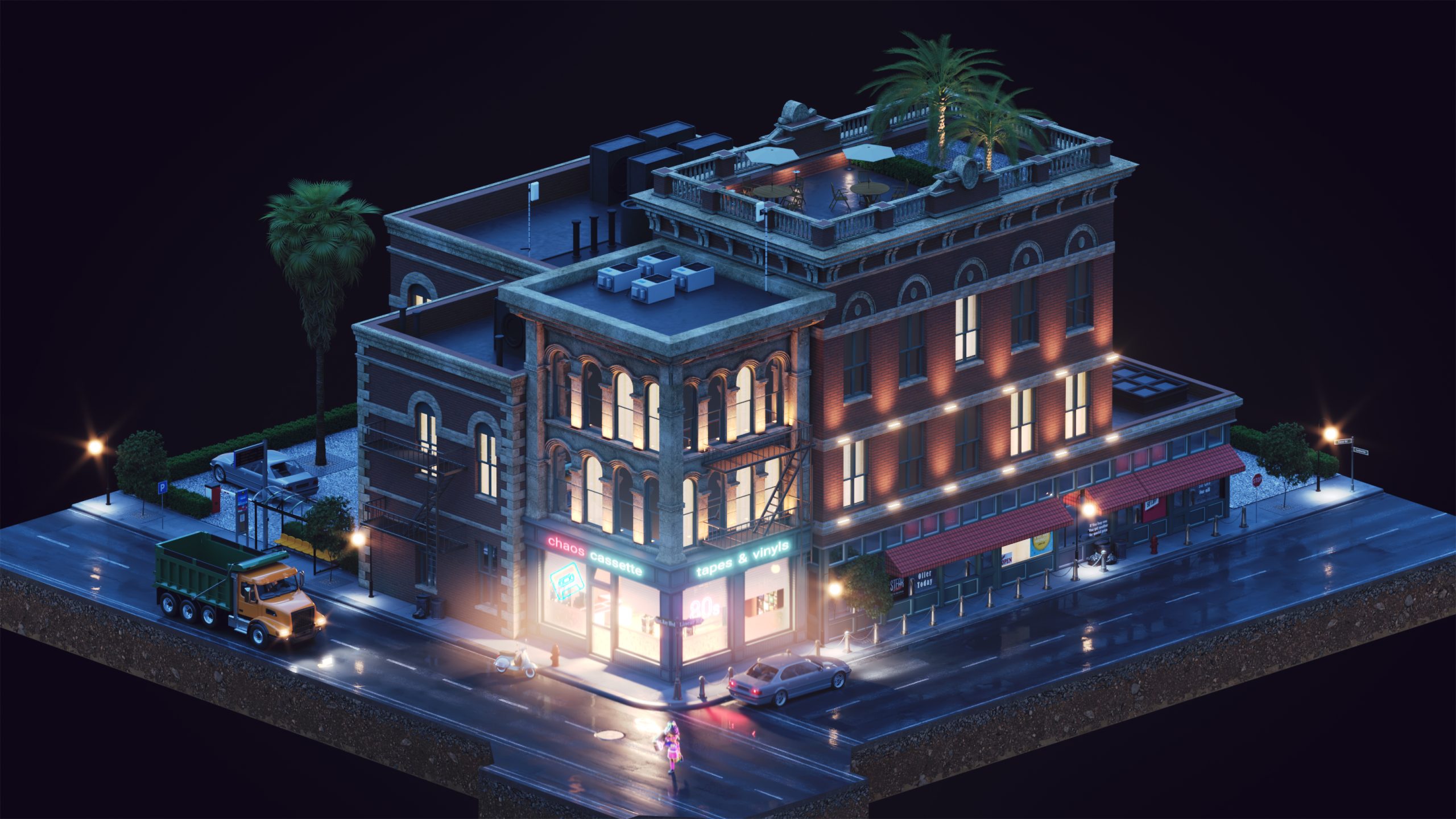 a beautifully detailed isometric view of a vibrant city block at night the scene features a multistory building with ornate architecture glowing windows and palm trees the wet pavement reflects the city lights while parked cars and a delivery truck add life to the street digital production A beautifully detailed isometric view of a vibrant city block at night. The scene features a multi-story building with ornate architecture, glowing windows, and palm trees. The wet pavement reflects the city lights, while parked cars and a delivery truck add life to the street.