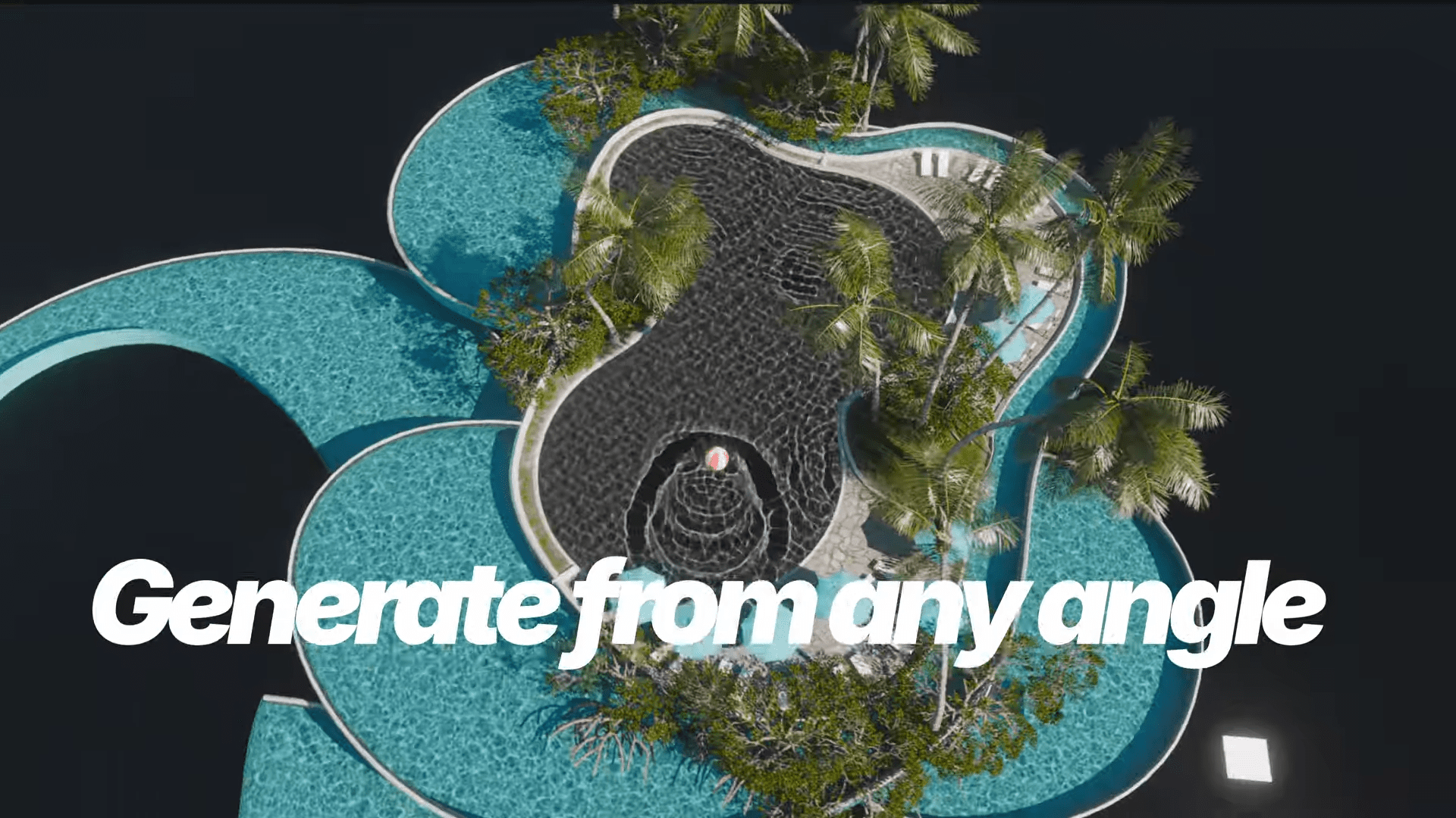 an aerial view of a modern abstract pool designed with flowing curves and turquoise water the dark center features a circular fountain surrounded by lush green palm trees creating an inviting oasis the bold text below reads generate from any angle emphasizing the designs versatility digital production An aerial view of a modern, abstract pool designed with flowing curves and turquoise water. The dark center features a circular fountain, surrounded by lush green palm trees, creating an inviting oasis. The bold text below reads, "Generate from any angle," emphasizing the design's versatility.