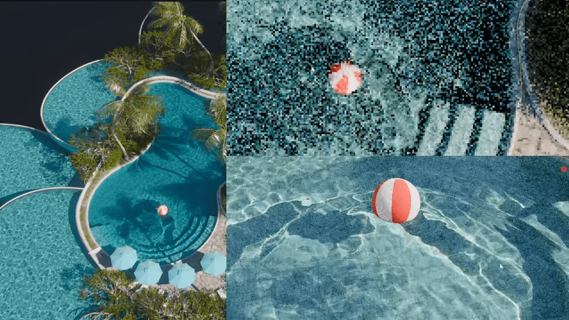 a bright red and white beach ball floats on the surface of a clear sparkling swimming pool surrounding palm trees and lounge chairs enhance the summery atmosphere the pool has winding edges with sunlight glistening on the water creating a tranquil retreat digital production A bright red and white beach ball floats on the surface of a clear, sparkling swimming pool. Surrounding palm trees and lounge chairs enhance the summery atmosphere. The pool has winding edges, with sunlight glistening on the water creating a tranquil retreat.