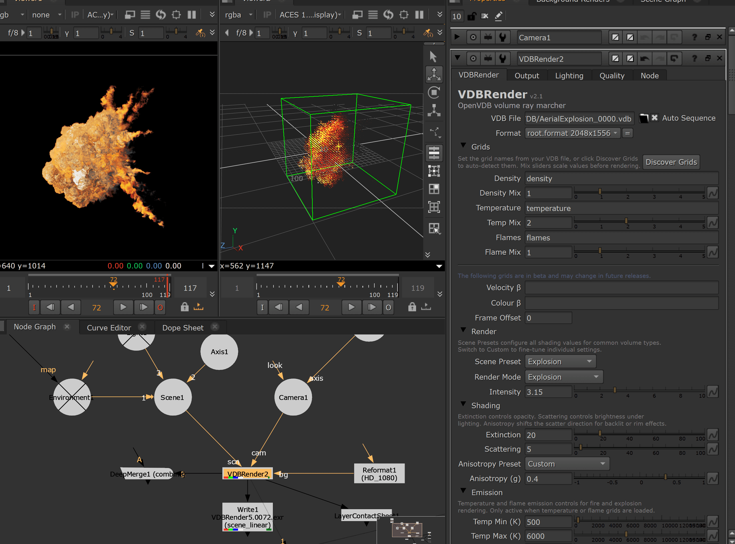 a software interface displaying a 3d visualization of an explosion simulation on the left a 3d model shows the explosion in bright colors the right side features detailed parameters for rendering including density temperature and other settings digital production A software interface displaying a 3D visualization of an explosion simulation. On the left, a 3D model shows the explosion in bright colors. The right side features detailed parameters for rendering, including density, temperature, and other settings.