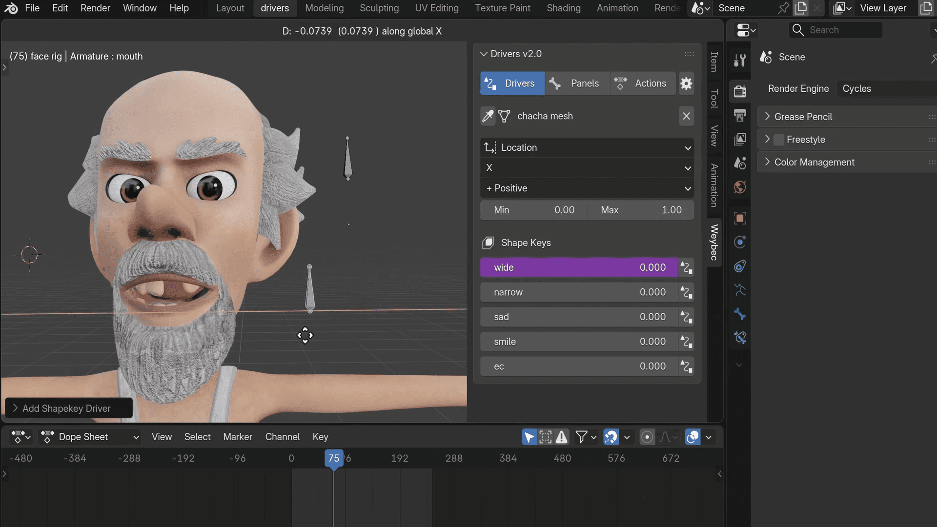 digital production Blender 3D viewport of a cartoon head with mouth rig; drivers panel on the right and timeline at the bottom.