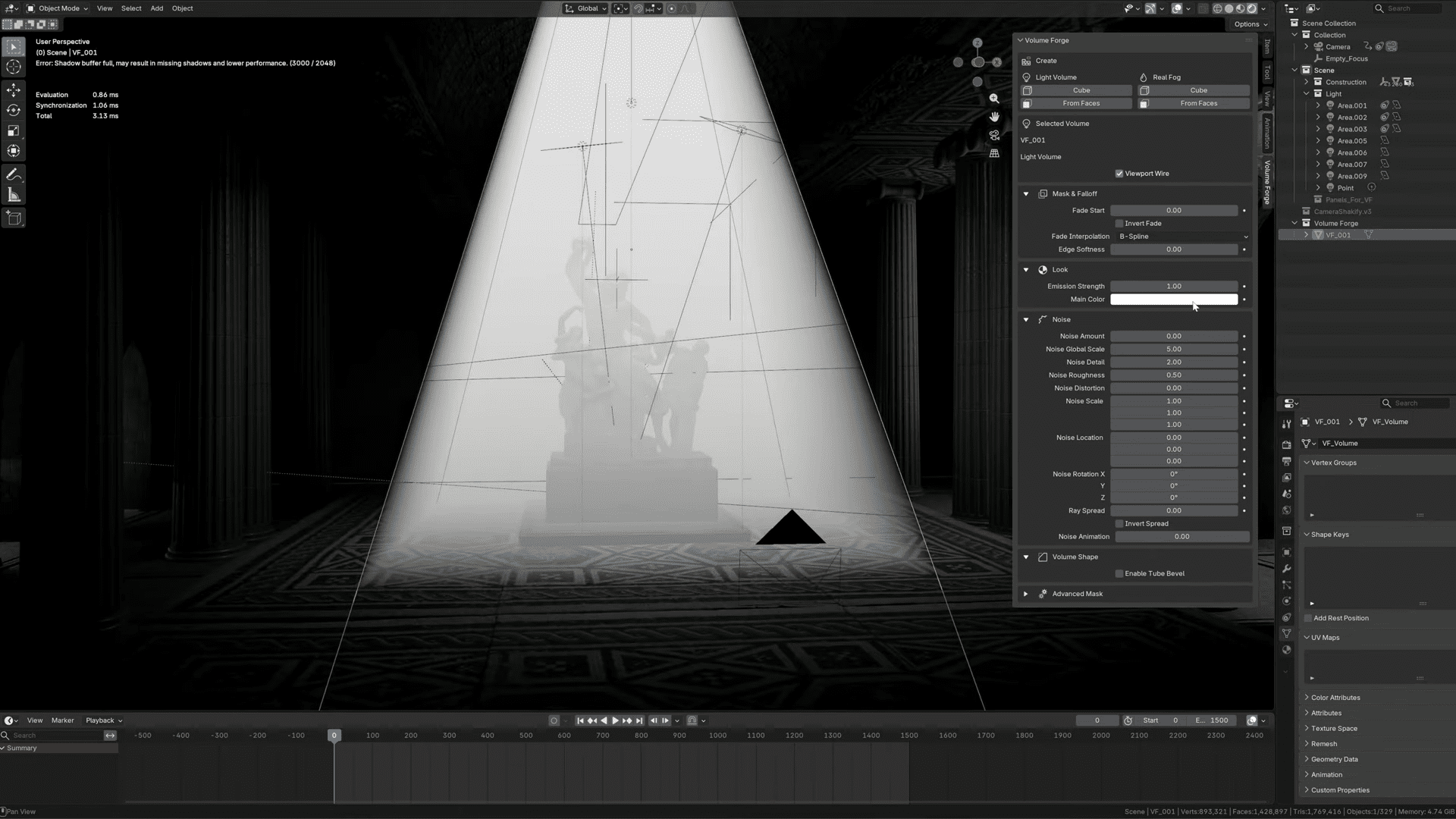 a black and white digital scene from a 3d software featuring a bright spotlight illuminating a central statue surrounded by dark columns and a patterned floor on the right various settings panels showcase light adjustments and layers enhancing the depth of the dramatic atmosphere digital production A black and white digital scene from a 3D software, featuring a bright spotlight illuminating a central statue, surrounded by dark columns and a patterned floor. On the right, various settings panels showcase light adjustments and layers, enhancing the depth of the dramatic atmosphere.