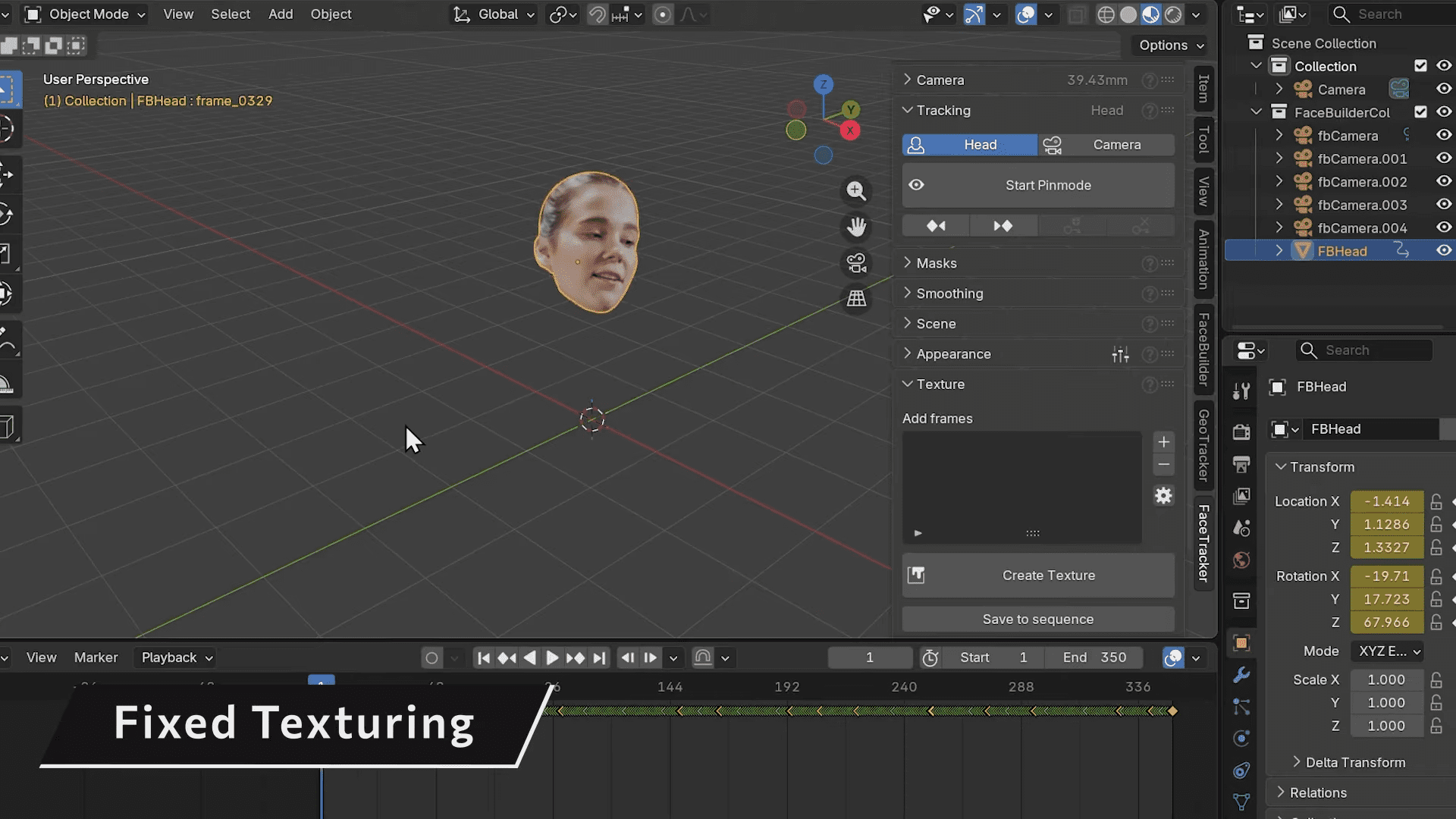 a computer screen displays a 3d modeling software interface showcasing a floating head model in the center the grid background emphasizes the models position while menu options and sliders on the right side suggest texture adjustments the bottom panel shows a timeline for animation digital production A computer screen displays a 3D modeling software interface, showcasing a floating head model in the center. The grid background emphasizes the model's position, while menu options and sliders on the right side suggest texture adjustments. The bottom panel shows a timeline for animation.