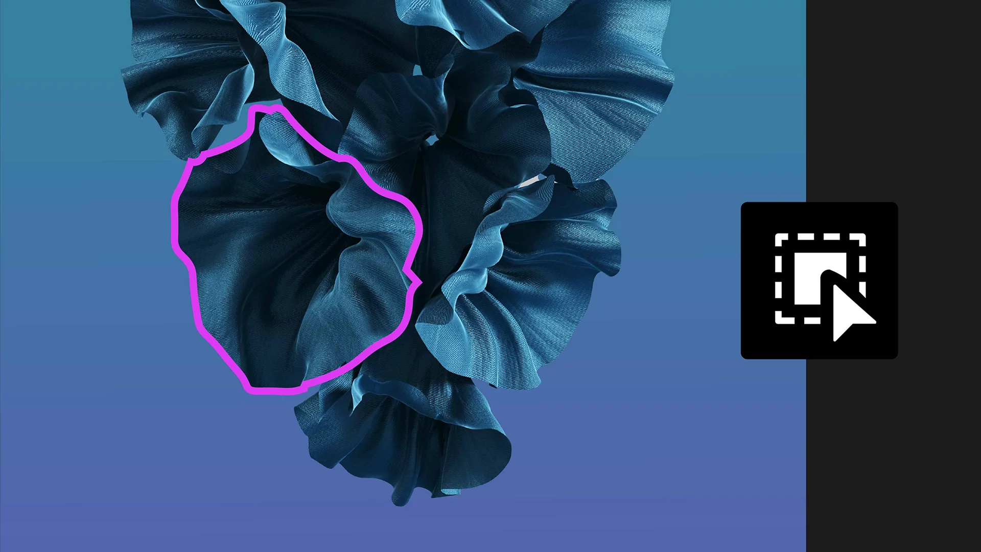 a closeup view of a flowing deep blue fabric artistically arranged to showcase its textured layers and graceful curves the fabric displays intricate ruffles illuminated by soft light contrasting against a gradient background ranging from deep blue to teal enhanced with a bold magenta outline digital production https://helpx-prod.scene7.com/is/image/HelpxProd/whats-new-Artboard%201-after-effects?$pjpeg$&jpegSize=300&wid=1920