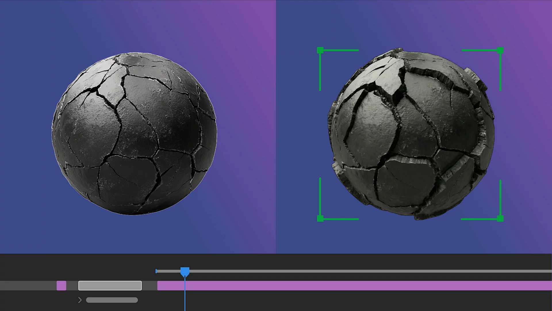 a digitally rendered black sphere showcasing a cracked surface divided into two views against a gradient purple background the left side highlights the spheres overall shape while the right side displays a closeup of the intricate cracks enhancing its rough texture digital production https://helpx-prod.scene7.com/is/image/HelpxProd/whats-new-subdivision-options%20copy%202-after-effects-tile?$pjpeg$&jpegSize=300&wid=1920
