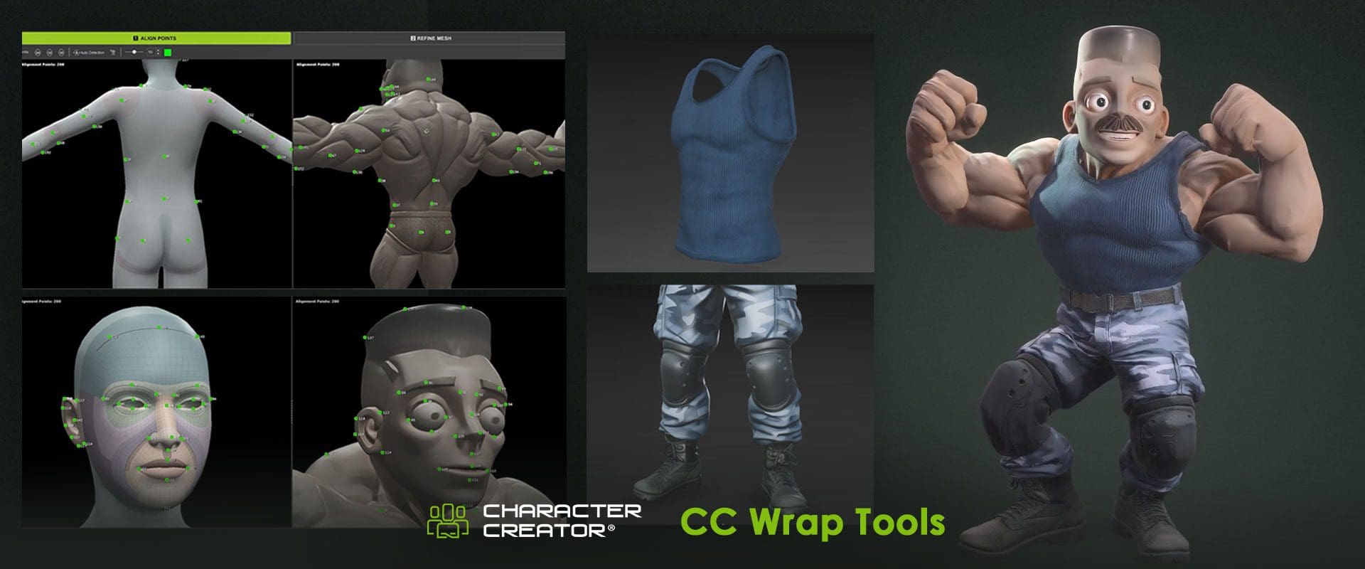 a creative interface showcasing character design tools on the left a sculptable 3d character model with exaggerated muscular features and distinct facial expressions in the center a blue tank top displayed alongside textured pants the right side features the finished character in a dynamic pose emphasizing its cartoonish style digital production A creative interface showcasing character design tools. On the left, a sculptable 3D character model with exaggerated muscular features and distinct facial expressions. In the center, a blue tank top displayed, alongside textured pants. The right side features the finished character in a dynamic pose, emphasizing its cartoonish style.