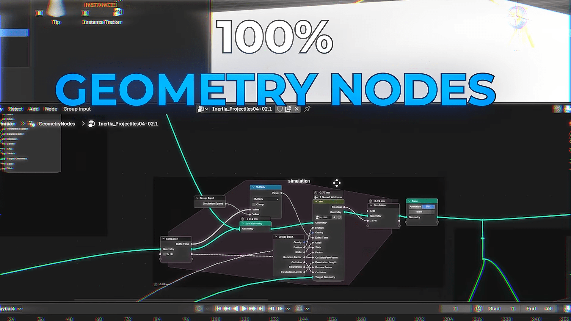 an interface displaying a digital project with the bold text 100 geometry nodes prominently featured below a network of interconnected nodes represents complex geometry manipulation in a graphical software environment highlighted by bright colorful lines digital production An interface displaying a digital project with the bold text "100% GEOMETRY NODES" prominently featured. Below, a network of interconnected nodes represents complex geometry manipulation in a graphical software environment, highlighted by bright, colorful lines.