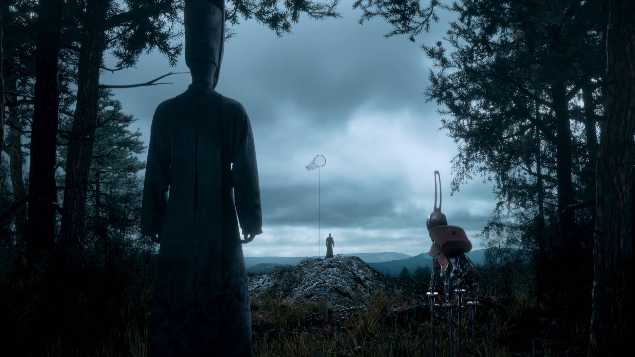 in a dark eerie forest a cloaked figure stands in the foreground gazing solemnly at a lone person positioned on a rocky outcrop who is holding a delicate object resembling a net the atmosphere is moody with heavy clouds threatening rain and distant mountains shrouded in mist digital production In a dark, eerie forest, a cloaked figure stands in the foreground, gazing solemnly at a lone person positioned on a rocky outcrop, who is holding a delicate object resembling a net. The atmosphere is moody, with heavy clouds threatening rain, and distant mountains shrouded in mist.