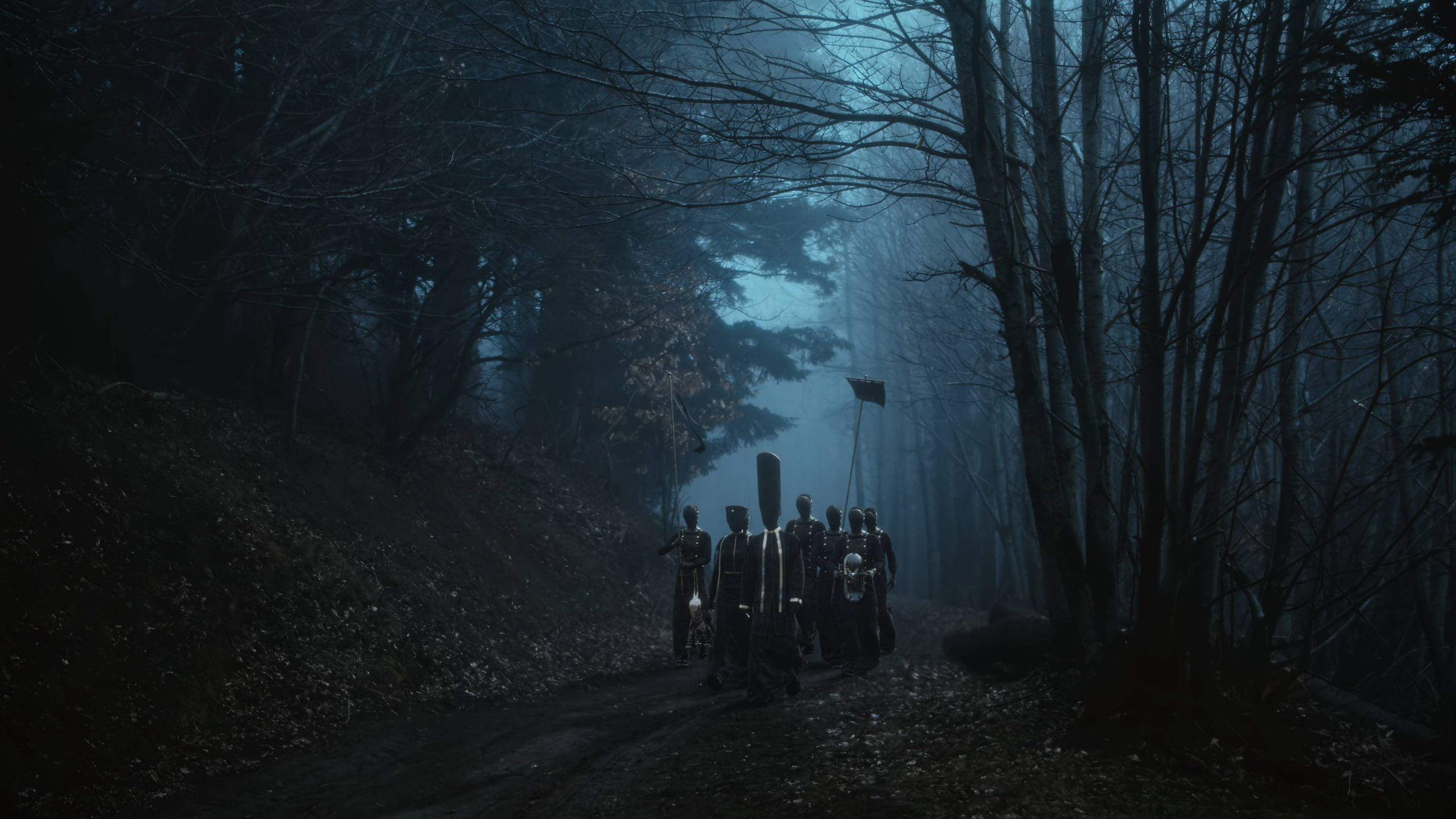 a procession of cloaked figures walks along a dark winding forest path the atmosphere is eerie shrouded in mist and shadows with bare trees silhouetted against the dim light a flag flutters among the solemn marchers enhancing the haunting ambiance digital production A procession of cloaked figures walks along a dark, winding forest path. The atmosphere is eerie, shrouded in mist and shadows, with bare trees silhouetted against the dim light. A flag flutters among the solemn marchers, enhancing the haunting ambiance.