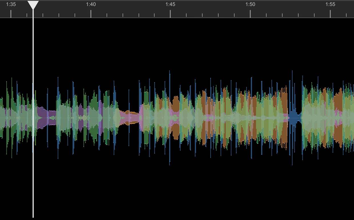 an audio waveform displayed on a dark background showcasing vibrant colors including green blue orange and purple representing sound intensity and frequency a vertical white line indicates the playback position with time markers visible above digital production https://borisfx-com-res.cloudinary.com/image/upload/v1778004302/68f92df6dbabc2f5c005552610bf31a24e2b27a0_w7raqy.webp