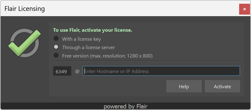 a software licensing window titled flair licensing displays a green checkmark indicating a successful activation below this options include activating with a license key or through a license server a text box for entering the hostname or ip address is highlighted alongside help and activate buttons digital production https://docs.artineering.io/media/setup/activation_server.png