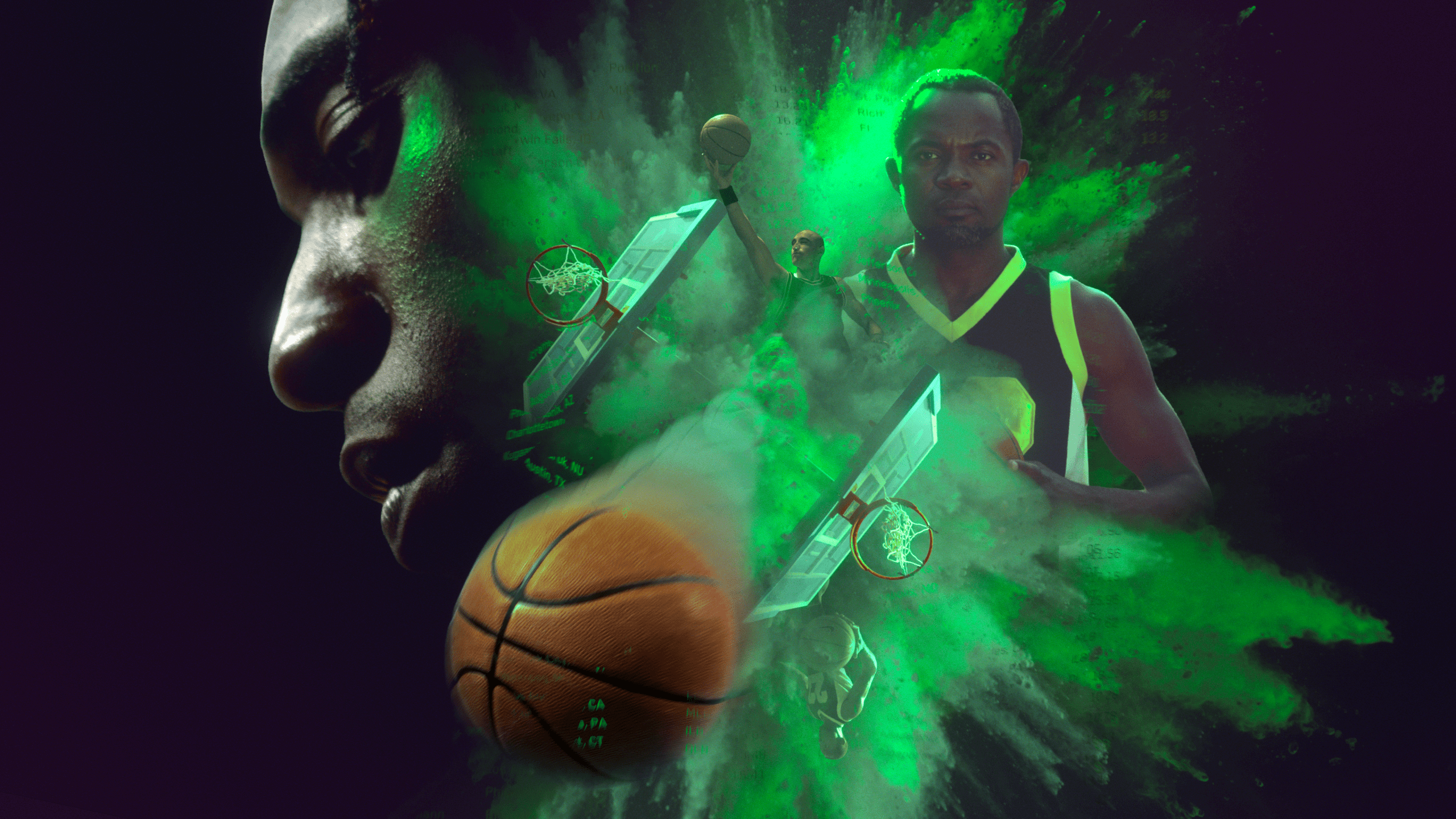 a dramatic illustration features a closeup of a mans face with intense expression merging seamlessly with a vibrant array of green splashes behind him a basketball and elements of action such as a player in motion emerge capturing the dynamic energy of the sport digital production A dramatic illustration features a close-up of a man's face with intense expression, merging seamlessly with a vibrant array of green splashes. Behind him, a basketball and elements of action, such as a player in motion, emerge, capturing the dynamic energy of the sport.