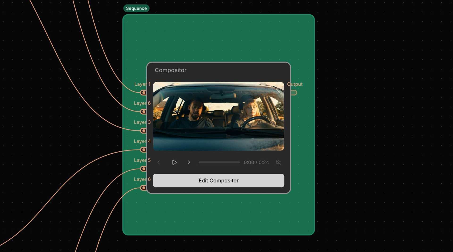 an interface shows a video editing tool with a still image of two people inside a car the dashboard is illuminated and the scene appears dynamic capturing a moment of interaction background features a green canvas with multiple layered paths leading to the video player digital production An interface shows a video editing tool with a still image of two people inside a car. The dashboard is illuminated and the scene appears dynamic, capturing a moment of interaction. Background features a green canvas with multiple layered paths leading to the video player.