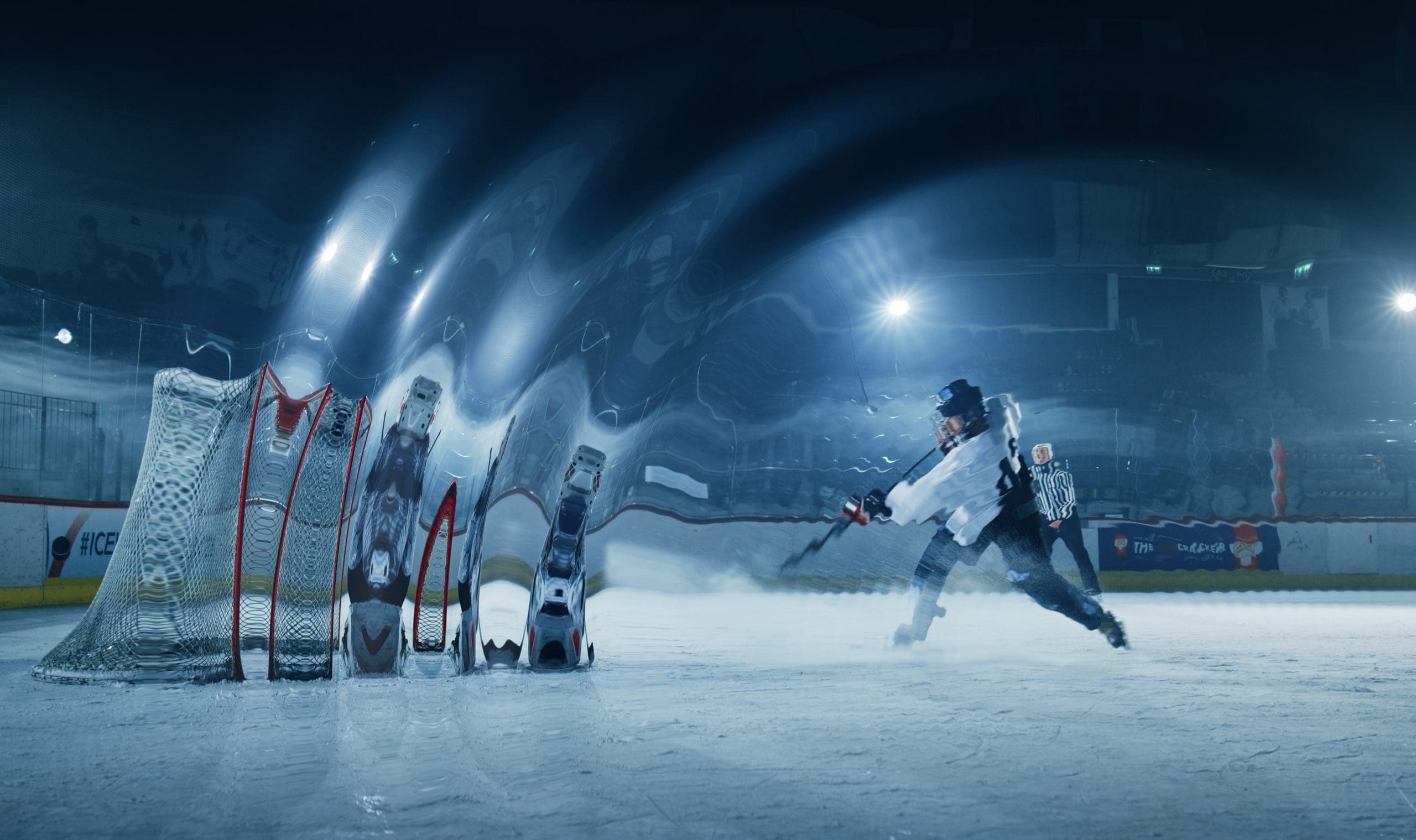 a hockey player in a white jersey takes a powerful shot on goal in a dimly lit ice rink blurring past the goalie and net the scene captures dynamic motion with white ice reflecting bright lights creating an intense energetic atmosphere digital production A hockey player in a white jersey takes a powerful shot on goal in a dimly lit ice rink, blurring past the goalie and net. The scene captures dynamic motion with white ice reflecting bright lights, creating an intense, energetic atmosphere.
