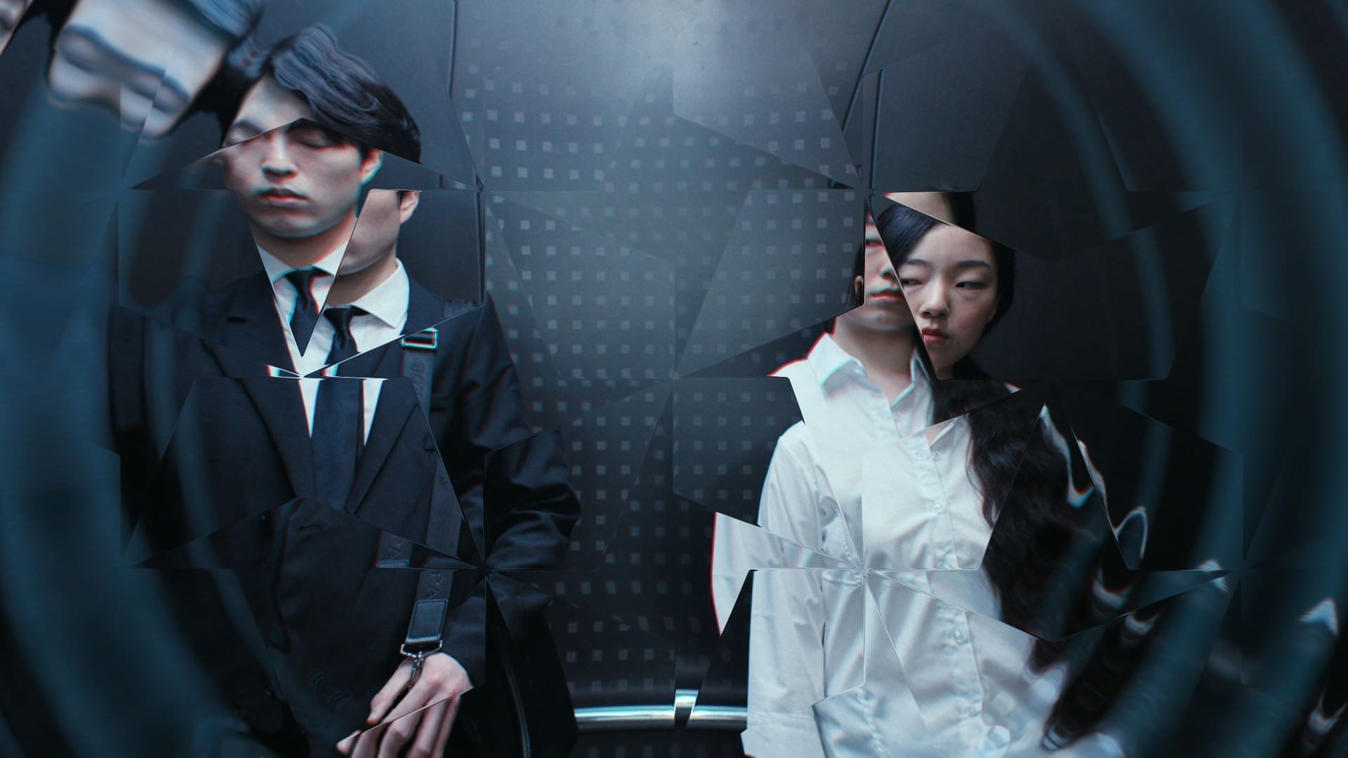 in a sleek dimly lit elevator a man in a tailored black suit stands with a serious expression while a woman dressed in a flowing white blouse appears contemplative their reflections are distorted in the glass creating a shattered effect that adds to the scenes intensity digital production In a sleek, dimly lit elevator, a man in a tailored black suit stands with a serious expression, while a woman dressed in a flowing white blouse appears contemplative. Their reflections are distorted in the glass, creating a shattered effect that adds to the scene's intensity.