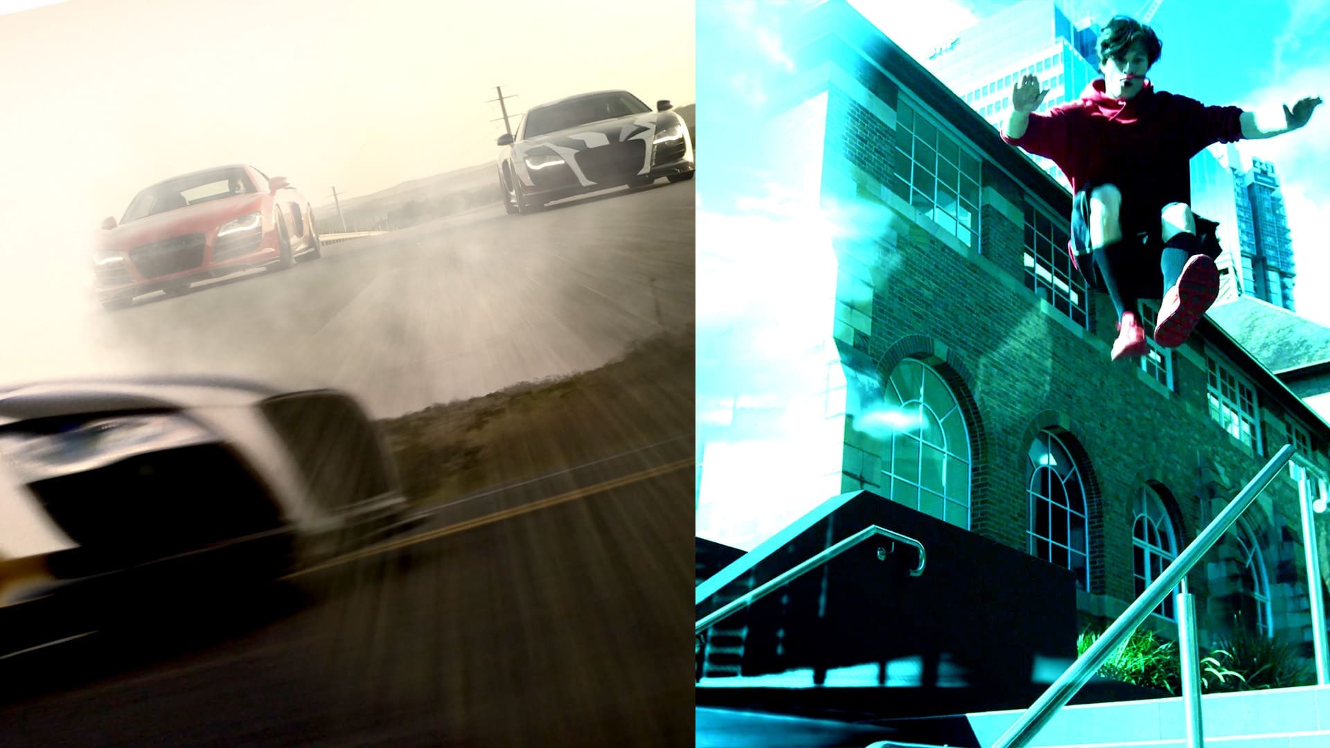 a dramatic splitimage scene showcases two dynamic actions on the left sleek sports cars race down a winding road dust swirling around their tires on the right a daring figure leaps from a rail silhouetted against a bright windowed building capturing the thrill of movement digital production A dramatic, split-image scene showcases two dynamic actions. On the left, sleek sports cars race down a winding road, dust swirling around their tires. On the right, a daring figure leaps from a rail, silhouetted against a bright windowed building, capturing the thrill of movement.