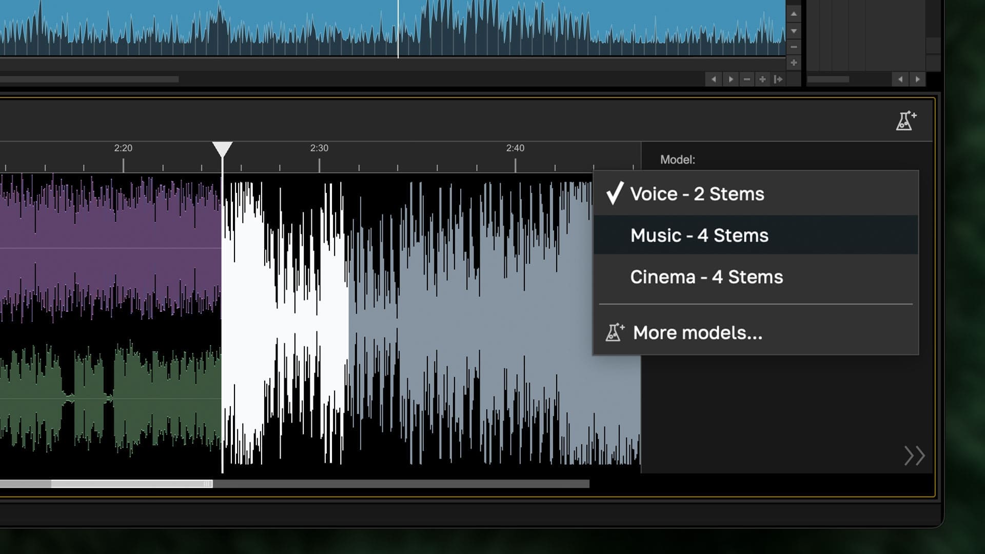 a detailed audio editing interface displays a waveform representing various audio elements the waveform features distinct colors green purple and white sections indicating different audio tracks a dropdown menu is visible offering options for audio models like voice music and cinema with checkmarks indicating selections digital production A detailed audio editing interface displays a waveform representing various audio elements. The waveform features distinct colors: green, purple, and white sections, indicating different audio tracks. A dropdown menu is visible, offering options for audio models like 'Voice', 'Music', and 'Cinema', with checkmarks indicating selections.