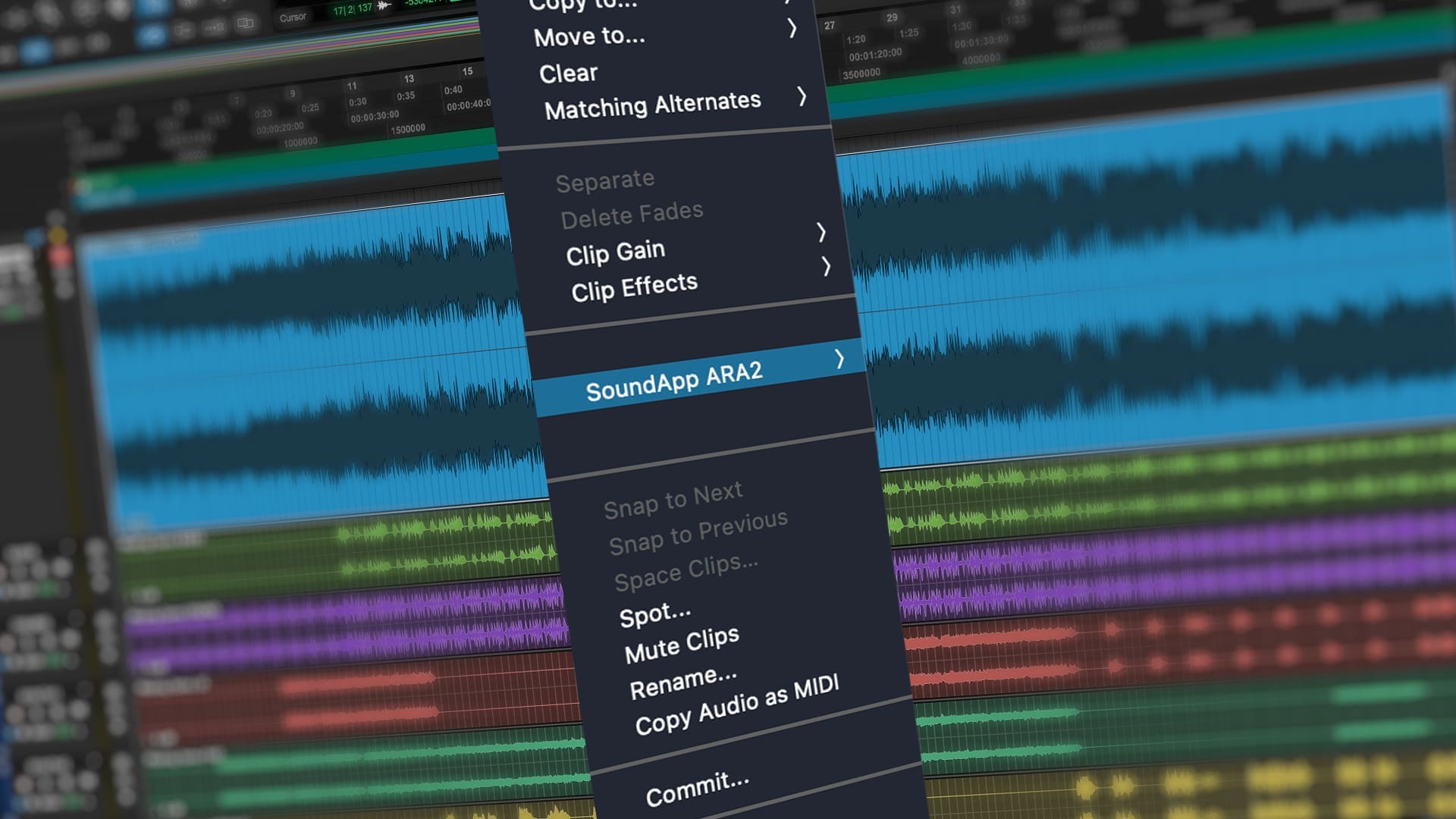 a closeup of a digital audio workstation interface featuring vibrant audio waveforms in various colors the dropdown menu is visible on the left showcasing options such as soundapp ara2 and clip effects emphasizing editing functionalities in sound production digital production Context menu over a multi-track audio editor showing actions like Copy to, Move to, Clear, Clip Gain, Clip Effects, and SoundApp ARA2.