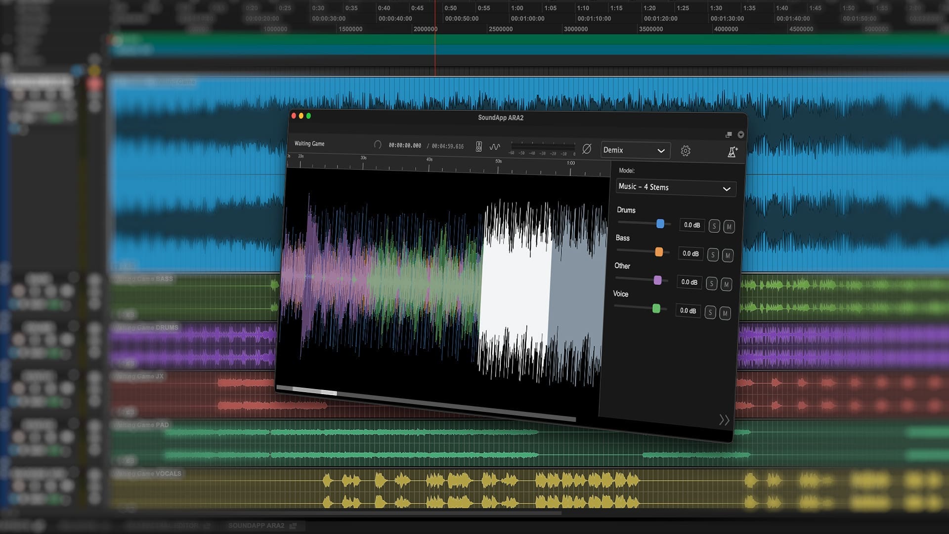 a digital audio workstation interface prominently displayed on a blurred background of colorful audio waveforms the central panel shows a sound wave in vibrant shades of purple blue and green indicating various audio tracks while control buttons are visible for editing digital production A digital audio workstation interface prominently displayed on a blurred background of colorful audio waveforms. The central panel shows a sound wave in vibrant shades of purple, blue, and green, indicating various audio tracks, while control buttons are visible for editing.