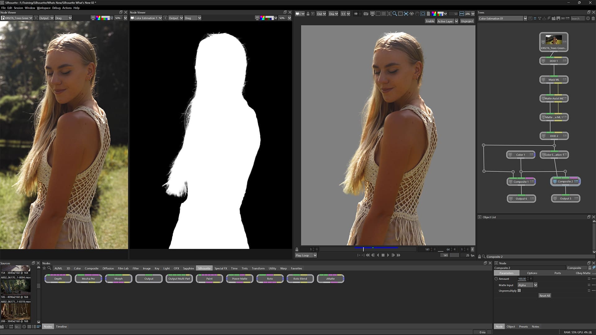 a young woman with long blonde hair stands in a sunlit outdoor setting exuding confidence the left side shows her full image while the middle presents a stark white silhouette of her and the right side displays the images editing interface with color adjustments and nodes digital production A young woman with long, blonde hair stands in a sunlit outdoor setting, exuding confidence. The left side shows her full image, while the middle presents a stark white silhouette of her, and the right side displays the image's editing interface with color adjustments and nodes.