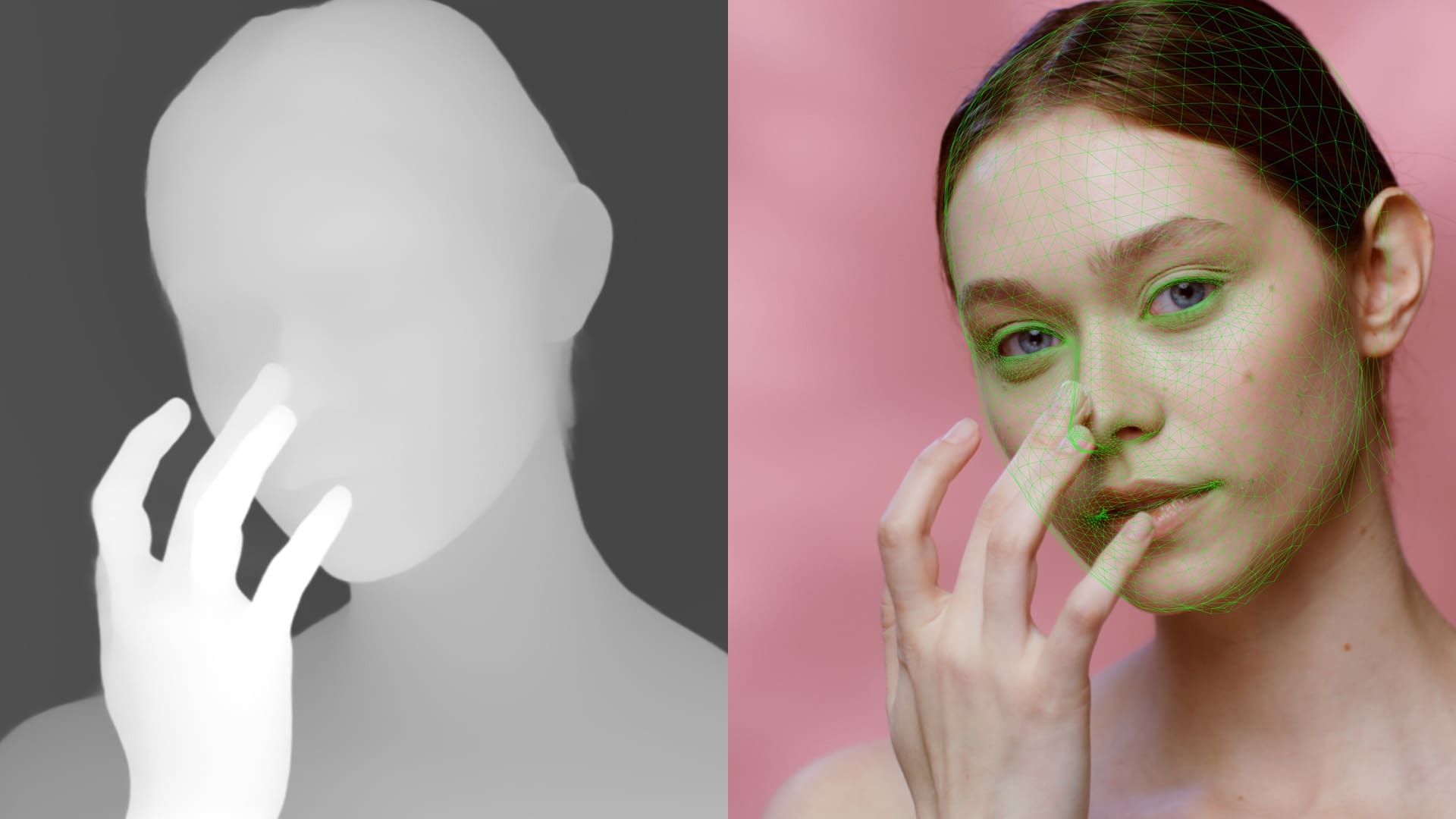 an artistic splitimage showing a womans face on the left her features are blended into a soft white silhouette while on the right she is depicted with striking green accents around her eyes and a gentle touch of her fingers on her face against a light pink background digital production An artistic split-image showing a woman's face. On the left, her features are blended into a soft white silhouette, while on the right, she is depicted with striking green accents around her eyes and a gentle touch of her fingers on her face against a light pink background.