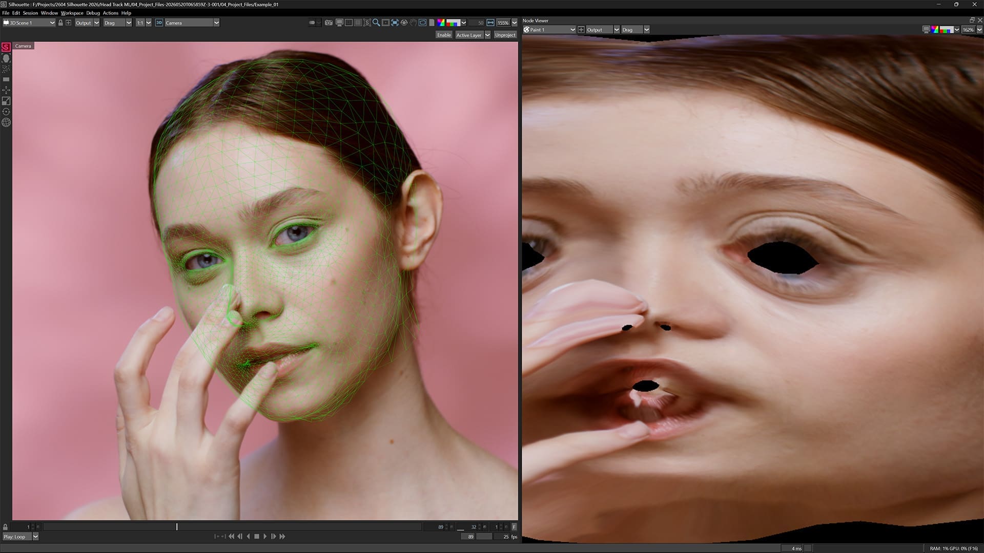 a split image featuring a woman with a serene expression on the left softly illuminated against a pink background adorned with subtle green makeup on the right a distorted closeup of her face reveals exaggerated features and a surreal abstract quality enhancing the visual contrast digital production A split image featuring a woman with a serene expression on the left, softly illuminated against a pink background, adorned with subtle green makeup. On the right, a distorted close-up of her face reveals exaggerated features and a surreal, abstract quality, enhancing the visual contrast.