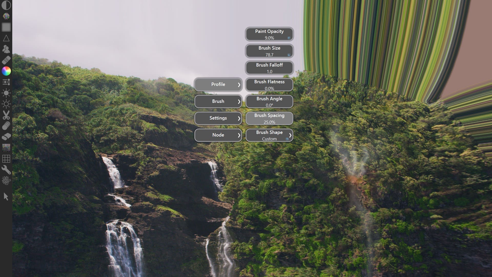 a lush green landscape features cascading waterfalls flowing down rocky cliffs surrounded by vibrant foliage the scene is enriched by a digital brush editor overlay showcasing settings like brush size and angles blending artistic creativity with natures beauty digital production A lush green landscape features cascading waterfalls flowing down rocky cliffs, surrounded by vibrant foliage. The scene is enriched by a digital brush editor overlay, showcasing settings like brush size and angles, blending artistic creativity with nature's beauty.