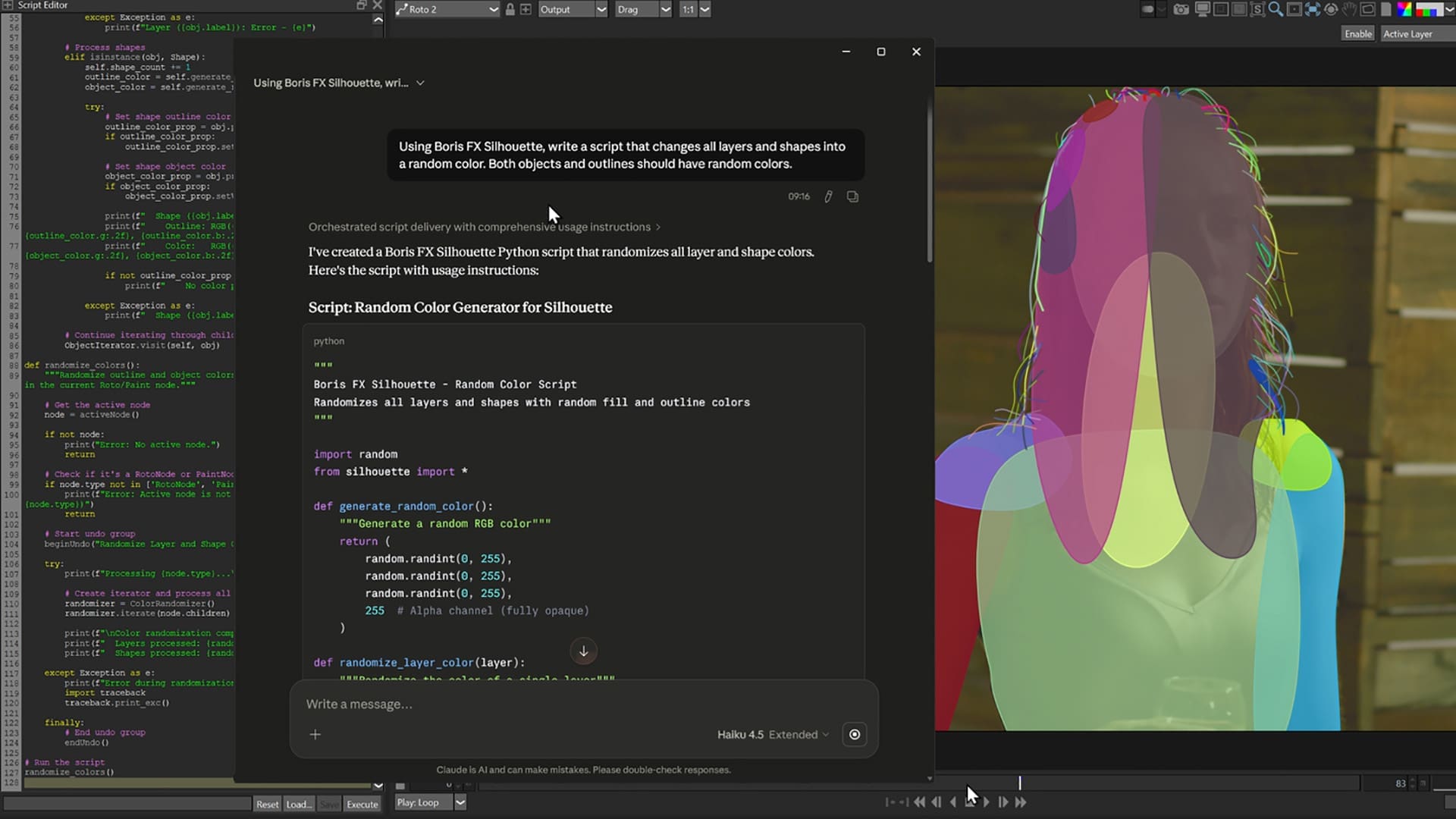 a computer screen displays a script for generating random colors for silhouettes the script panel is vibrant featuring colorful outlines of a figure in various shades next to lines of code surrounded by a dark interface the background shows a wooden surface digital production A computer screen displays a script for generating random colors for silhouettes. The script panel is vibrant, featuring colorful outlines of a figure in various shades, next to lines of code surrounded by a dark interface. The background shows a wooden surface.