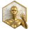 A striking golden humanoid figure with a smooth, bald head and a serene expression appears against a backdrop of intricate circuit patterns on a white hexagonal panel. One hand is raised, showcasing delicate metallic fingers, while a thin ring encircles the neck, suggesting a futuristic, cybernetic theme.