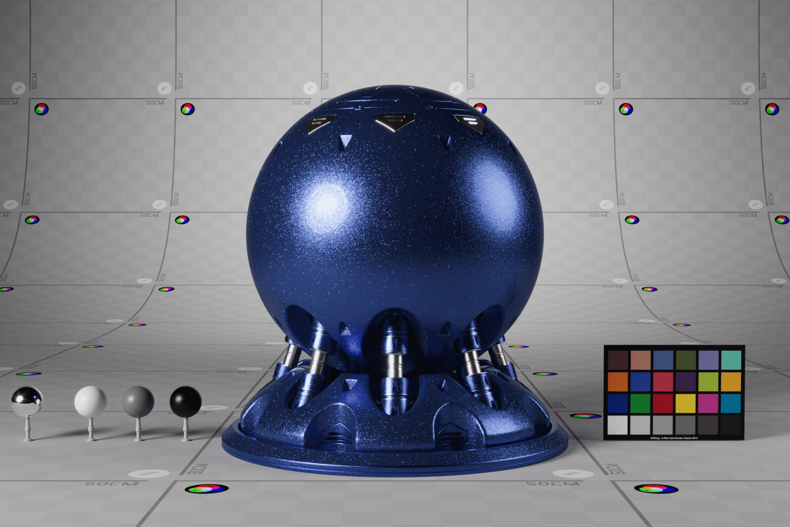 a glossy blue sphere sits prominently on a circular base featuring metallic accents and silver bolts surrounded by a professional color calibration chart the textured surface sparkles under soft lighting enhancing its vivid hue background grids create a neutral studiolike ambiance digital production A glossy blue sphere sits prominently on a circular base, featuring metallic accents and silver bolts, surrounded by a professional color calibration chart. The textured surface sparkles under soft lighting, enhancing its vivid hue. Background grids create a neutral, studio-like ambiance.