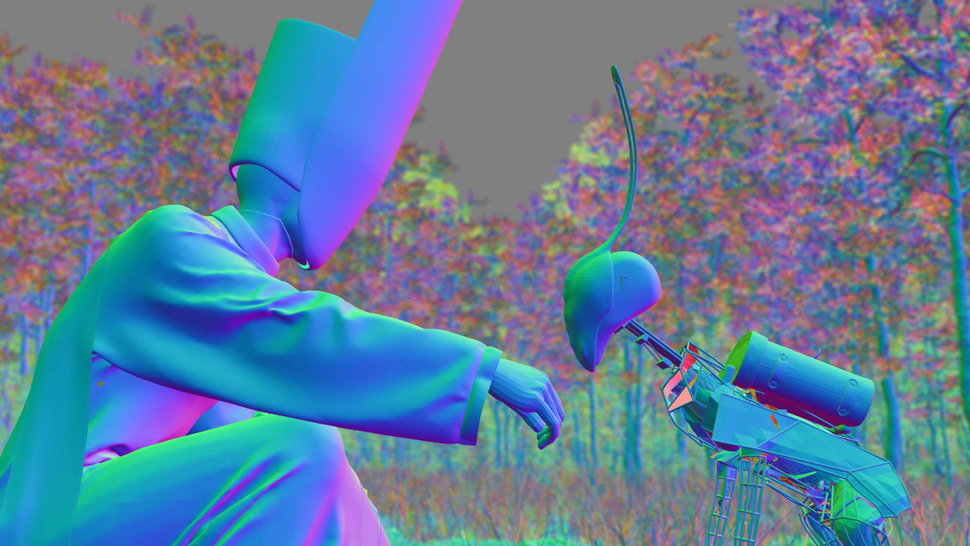 a surreal scene depicting an elongatedheaded figure dressed in a flowing blue garment seated in a vibrant forest the figure sits next to a robotic companion which features an elongated curved head and intricate mechanical elements surrounded by colorful foliage digital production A surreal scene depicting an elongated-headed figure dressed in a flowing blue garment, seated in a vibrant forest. The figure sits next to a robotic companion, which features an elongated, curved head and intricate mechanical elements, surrounded by colorful foliage.