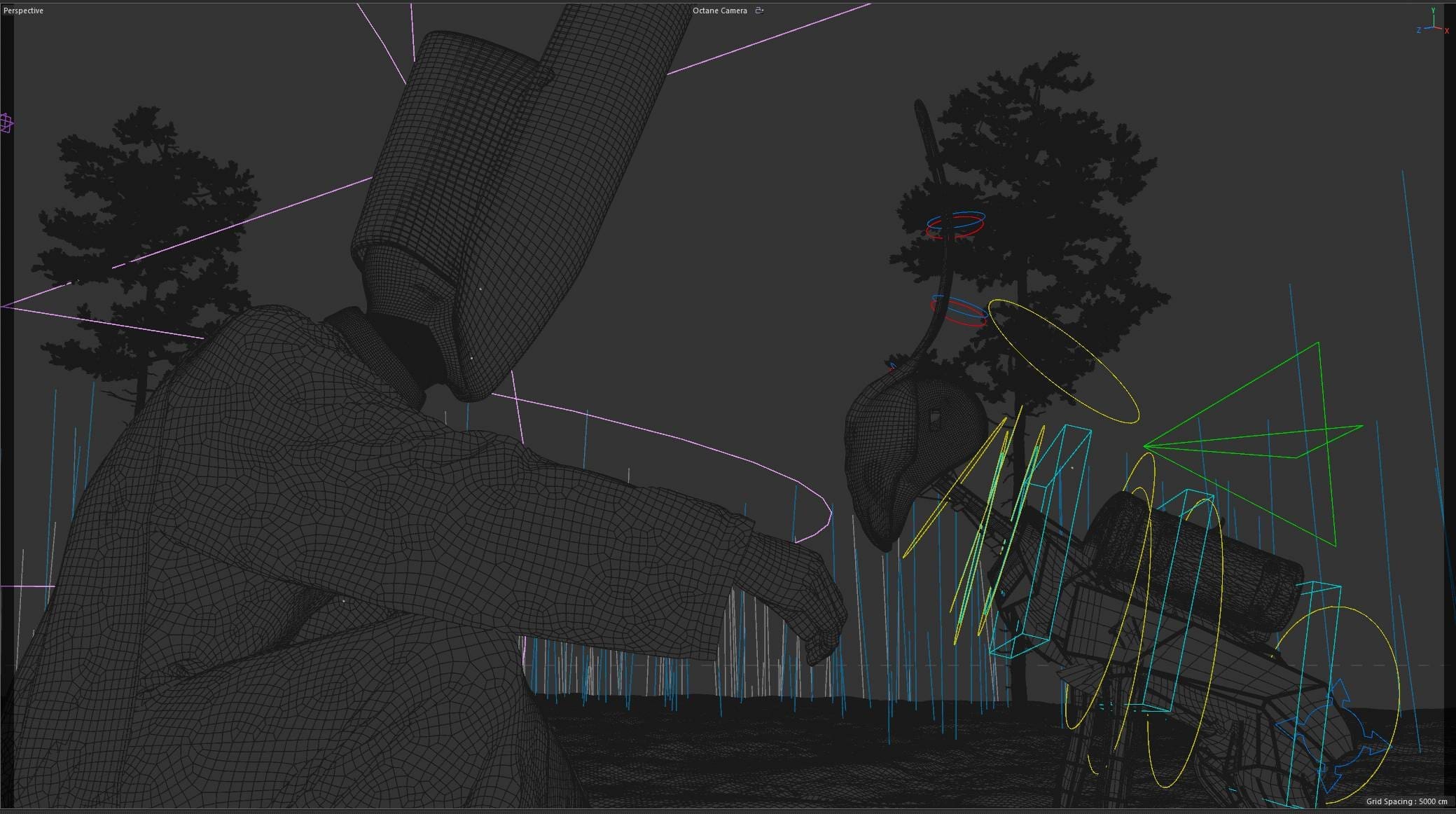 a stylized 3drendered figure sits in shadow wearing a textured cloak and a geometric headpiece gazing towards a cartoonish insectlike creature bright colored lines and curves indicate movement while dark silhouettes of trees frame the scene creating an intriguing atmosphere digital production A stylized, 3D-rendered figure sits in shadow, wearing a textured cloak and a geometric headpiece, gazing towards a cartoonish insect-like creature. Bright colored lines and curves indicate movement, while dark silhouettes of trees frame the scene, creating an intriguing atmosphere.
