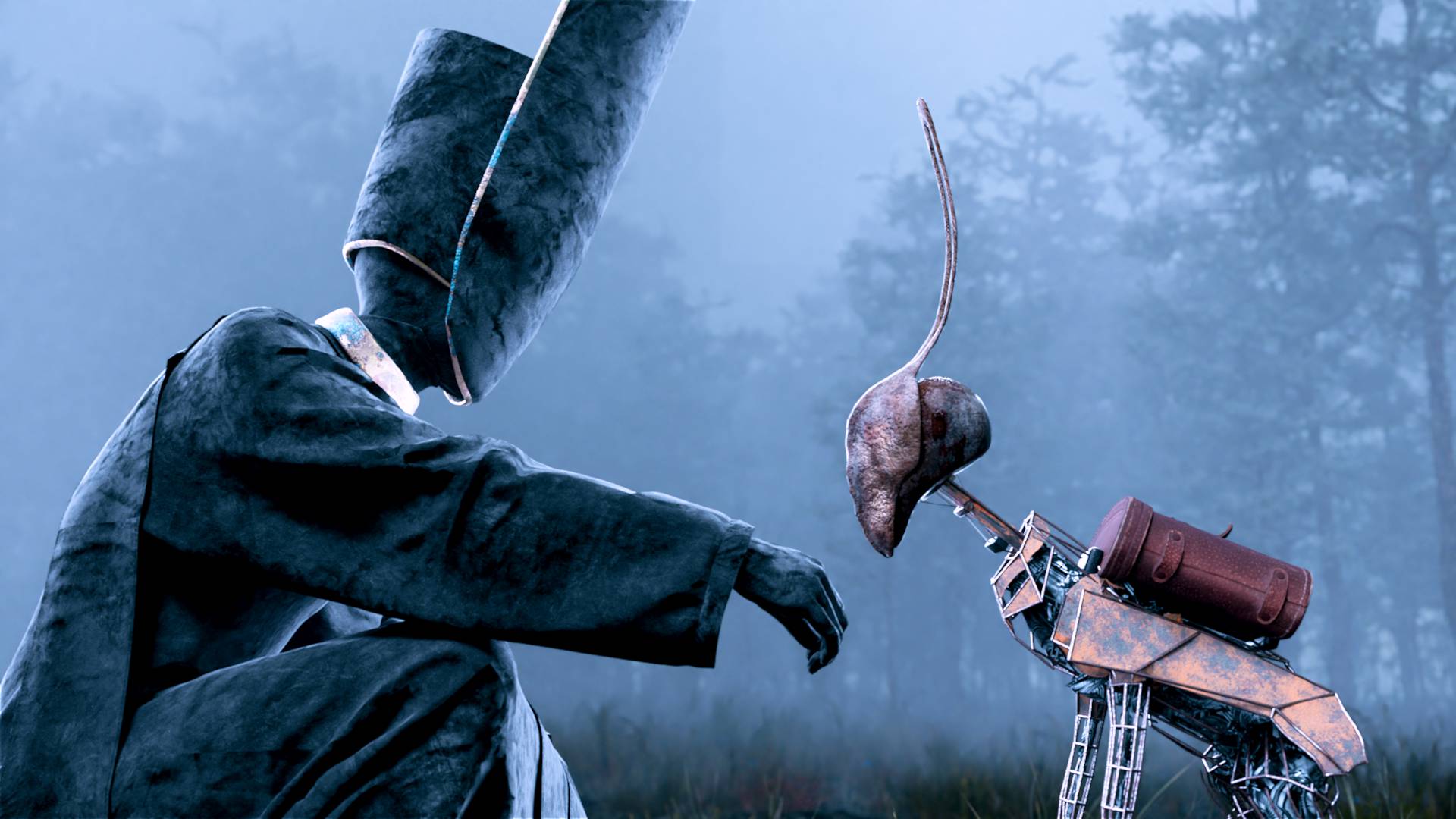 a tall figure in a dark coat and a large rectangular hat bends down gazing intently at a small whimsical robot the robot resembles a mix of metal and organic materials with a curious head shaped like a beet set against a misty forest backdrop digital production A tall figure in a dark coat and a large, rectangular hat bends down, gazing intently at a small, whimsical robot. The robot resembles a mix of metal and organic materials, with a curious head shaped like a beet, set against a misty forest backdrop.