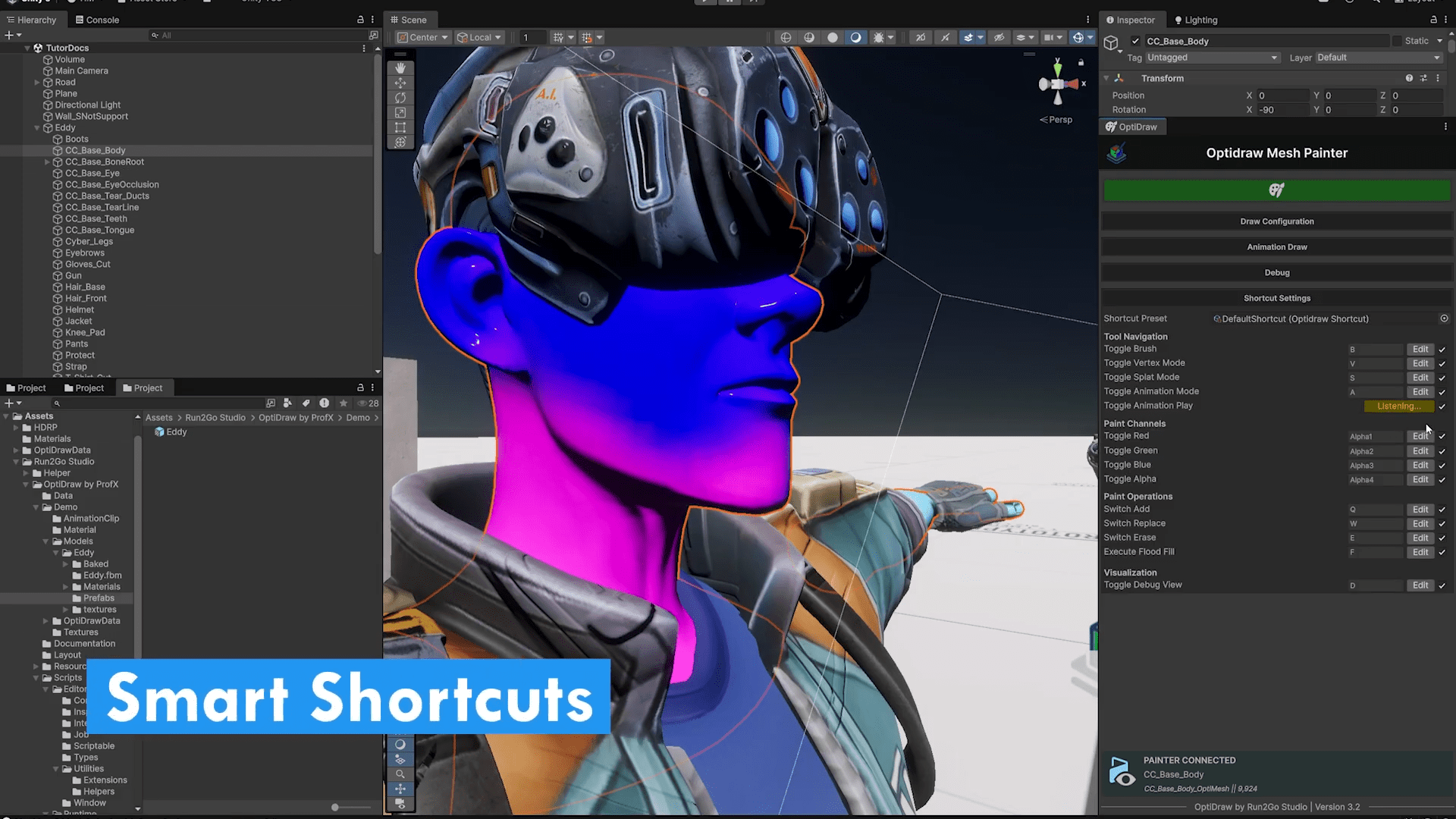 a digital interface showcases a vibrant stylized humanoid character wearing hightech goggles the characters skin is rendered in a striking purple hue accentuating the futuristic aesthetic on the left file directories are visible while a detailed settings panel labeled cyclodore mesh painter occupies the right a large blue banner at the bottom reads smart shortcuts emphasizing digital workspace efficiency digital production A digital interface showcases a vibrant, stylized humanoid character wearing high-tech goggles. The character's skin is rendered in a striking purple hue, accentuating the futuristic aesthetic. On the left, file directories are visible, while a detailed settings panel labeled ‘Cyclodore Mesh Painter’ occupies the right. A large blue banner at the bottom reads ‘Smart Shortcuts’, emphasizing digital workspace efficiency.