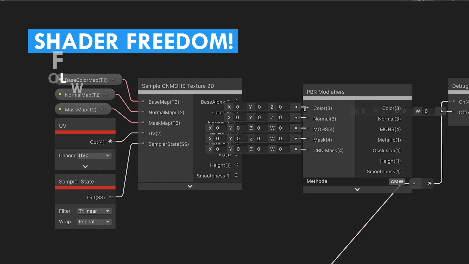 a visual representation of programming nodes related to shader creation the left side displays connections labeled with parameters like uv and sampler state while the right features a grid with color modifiers and attributes bold text at the top reads shader freedom the background is dark contrasting sharply with the colorful node connections digital production A visual representation of programming nodes related to shader creation. The left side displays connections labeled with parameters like ‘UV’ and ‘Sampler State’, while the right features a grid with color modifiers and attributes. Bold text at the top reads 'SHADER FREEDOM!'. The background is dark, contrasting sharply with the colorful node connections.