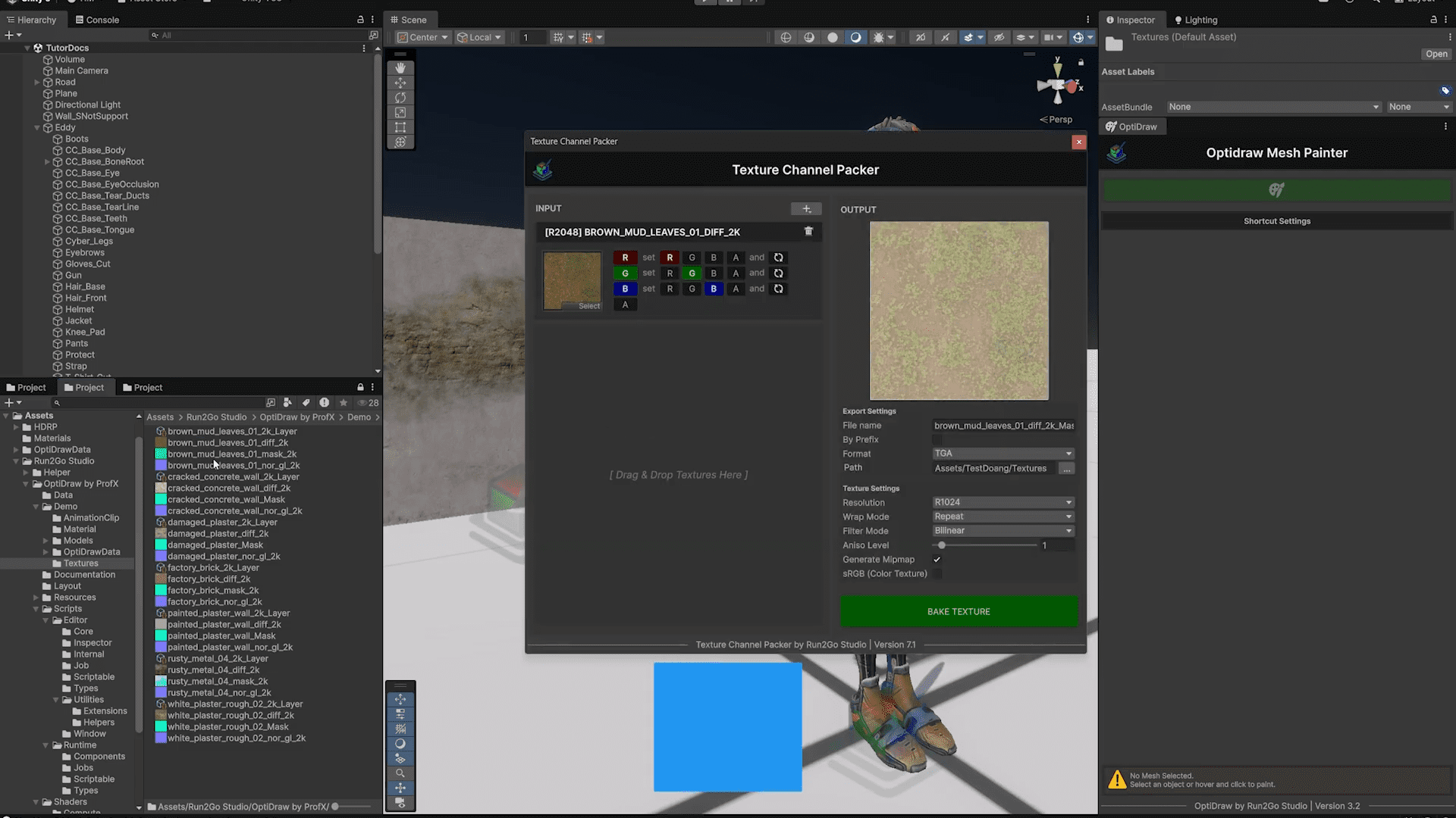 a computer screen displaying a software interface for texture editing the main window shows a texture channel pack control panel with color selection options in vibrant hues below a blue square texture is highlighted on a grid floor the background features a textured wall suggesting a 3d modeling environment digital production A computer screen displaying a software interface for texture editing. The main window shows a 'Texture Channel Pack' control panel with color selection options in vibrant hues. Below, a blue square texture is highlighted on a grid floor. The background features a textured wall, suggesting a 3D modeling environment.