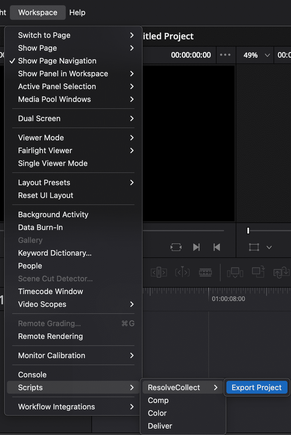 the image displays a software interface showcasing a darkthemed menu with various options for workspace settings the menu includes features such as show page navigation and remote grading a blue export project button is visible at the bottom suggesting functionalities for video editing the background appears black with tool icons and timeline indicators for video editing digital production The image displays a software interface, showcasing a dark-themed menu with various options for workspace settings. The menu includes features such as 'Show Page Navigation' and 'Remote Grading'. A blue 'Export Project' button is visible at the bottom, suggesting functionalities for video editing. The background appears black with tool icons and timeline indicators for video editing.
