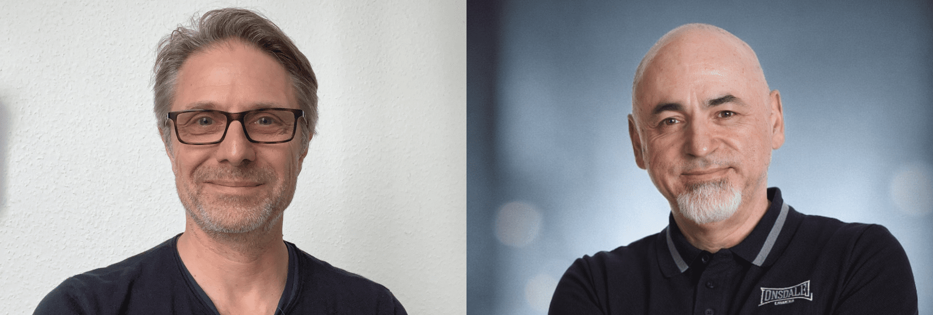 a split image featuring two men on the left a man with short gray hair and glasses smiles warmly against a lightcolored wall wearing a navy shirt on the right a confidently smiling man with a bald head and a goatee stands against a blurred dark background dressed in a black polo shirt with a badge digital production A split image featuring two men. On the left, a man with short gray hair and glasses smiles warmly against a light-colored wall, wearing a navy shirt. On the right, a confidently smiling man with a bald head and a goatee stands against a blurred, dark background, dressed in a black polo shirt with a badge.