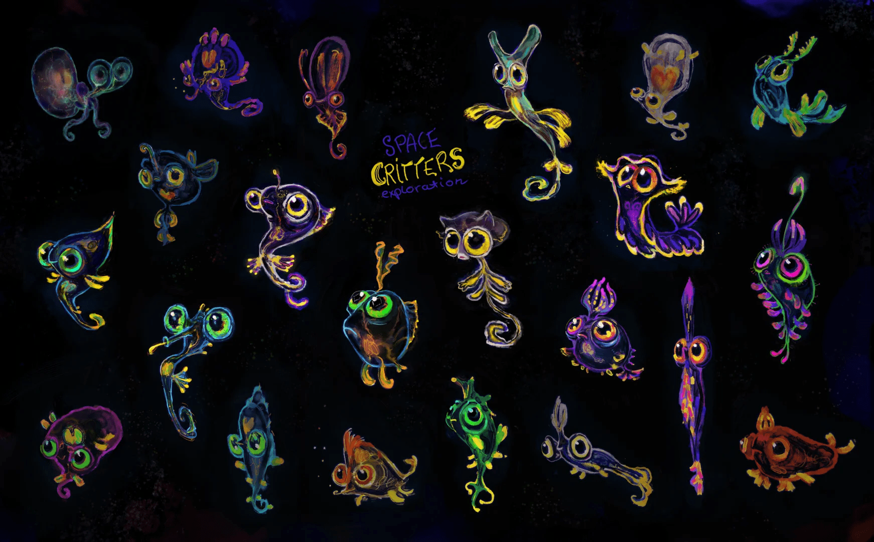 a whimsical collection of colorful cartoonish space critters against a black starry background each critter is uniquely designed with vibrant hues and cute exaggerated features including big eyes and playful shapes the central text reads space critters exploration digital production A whimsical collection of colorful, cartoonish space critters against a black starry background. Each critter is uniquely designed with vibrant hues and cute, exaggerated features, including big eyes and playful shapes. The central text reads ‘Space Critters Exploration’.