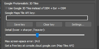 a computer interface displaying settings for google photorealistic 3d tiles the window includes options for using google 3d tiles a field for entering a google maps tile api key buttons for saving or clearing the key and a slider labeled detail to adjust visual sharpness digital production A computer interface displaying settings for Google Photorealistic 3D Tiles. The window includes options for using Google 3D Tiles, a field for entering a Google Maps Tile API key, buttons for saving or clearing the key, and a slider labeled 'Detail' to adjust visual sharpness.