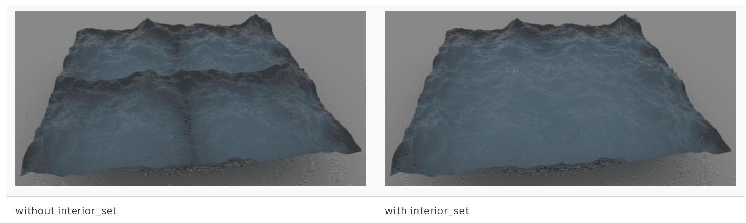 a comparison of two 3d models showcasing a textured surface the left side displays a smooth wavy terrain labeled without interiorset while the right reveals a more detailed landscape with varied height and shadow effects under with interiorset enhancing its realism digital production A comparison of two 3D models showcasing a textured surface. The left side displays a smooth, wavy terrain labeled "without interior_set," while the right reveals a more detailed landscape with varied height and shadow effects under "with interior_set," enhancing its realism.
