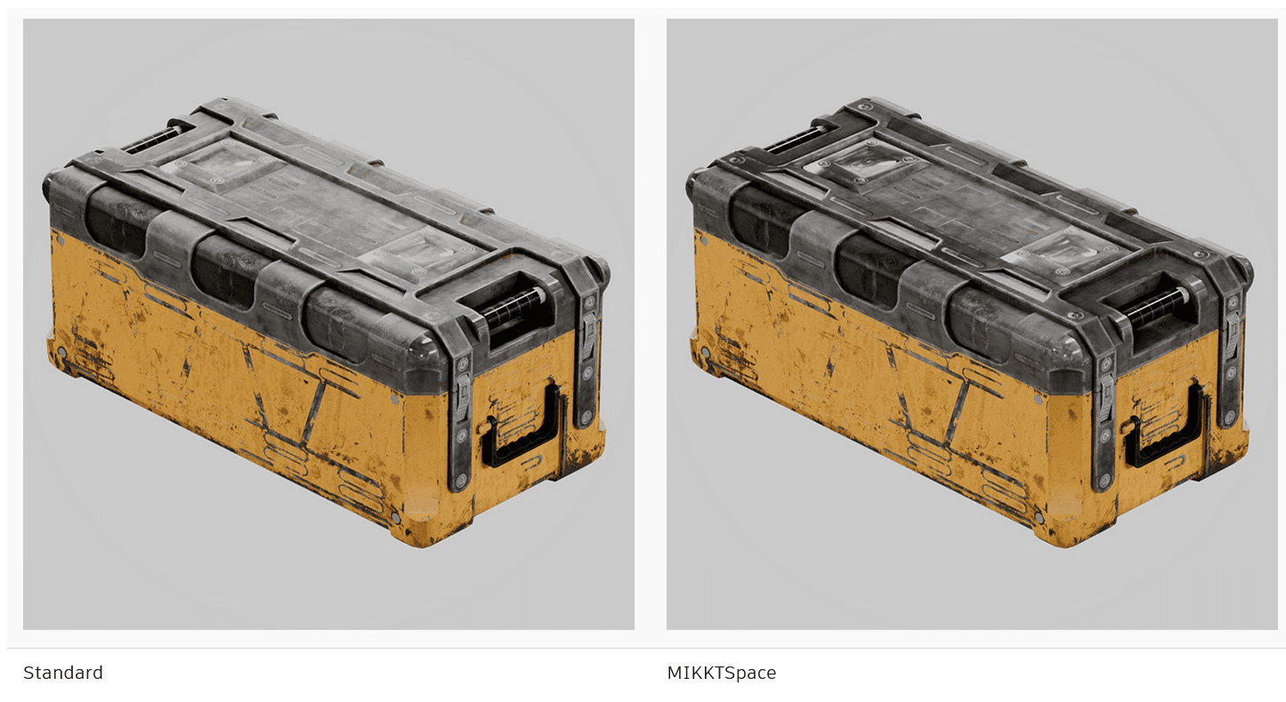 a weathered storage box with a rugged metallic gray lid and bright yellow sides the box shows signs of wear with scratches and scuffs showcasing its durability the design features a handle and a robust latch indicating functionality side by side comparison displays a standard version and a version labeled mikktspace digital production A weathered storage box with a rugged metallic gray lid and bright yellow sides. The box shows signs of wear with scratches and scuffs, showcasing its durability. The design features a handle and a robust latch, indicating functionality. Side by side comparison displays a standard version and a version labeled "MIKKTSpace".