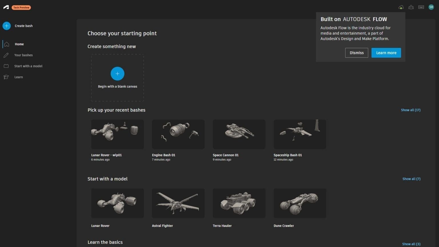the image displays a dark interface of autodesk flow where users can choose a starting point for their project the screen features options to create something new select recent bases and start with a model each model in a gray shaded box showcases intricate designs like an engine and various spacecraft highlighting autodesks focus on 3d modeling digital production https://blogs.autodesk.com/media-and-entertainment/wp-content/uploads/sites/162/Marketing-Home-Example-01b-1536x864.jpg