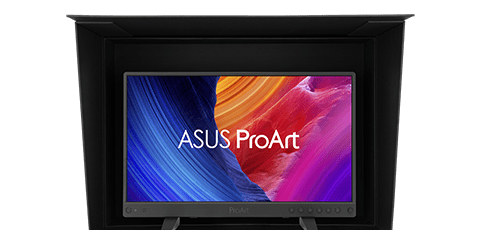 an asus proart monitor is prominently displayed against a black backdrop the screen showcases vibrant swirling colors of blue orange and purple creating a dynamic visual effect the monitor has a sleek design with buttons at the bottom enhancing its modern appearance digital production https://dlcdnwebimgs.asus.com/files/media/bf0503b0-d108-421a-9010-9550bcb6205c/v1/img/proart/monitorhood.png