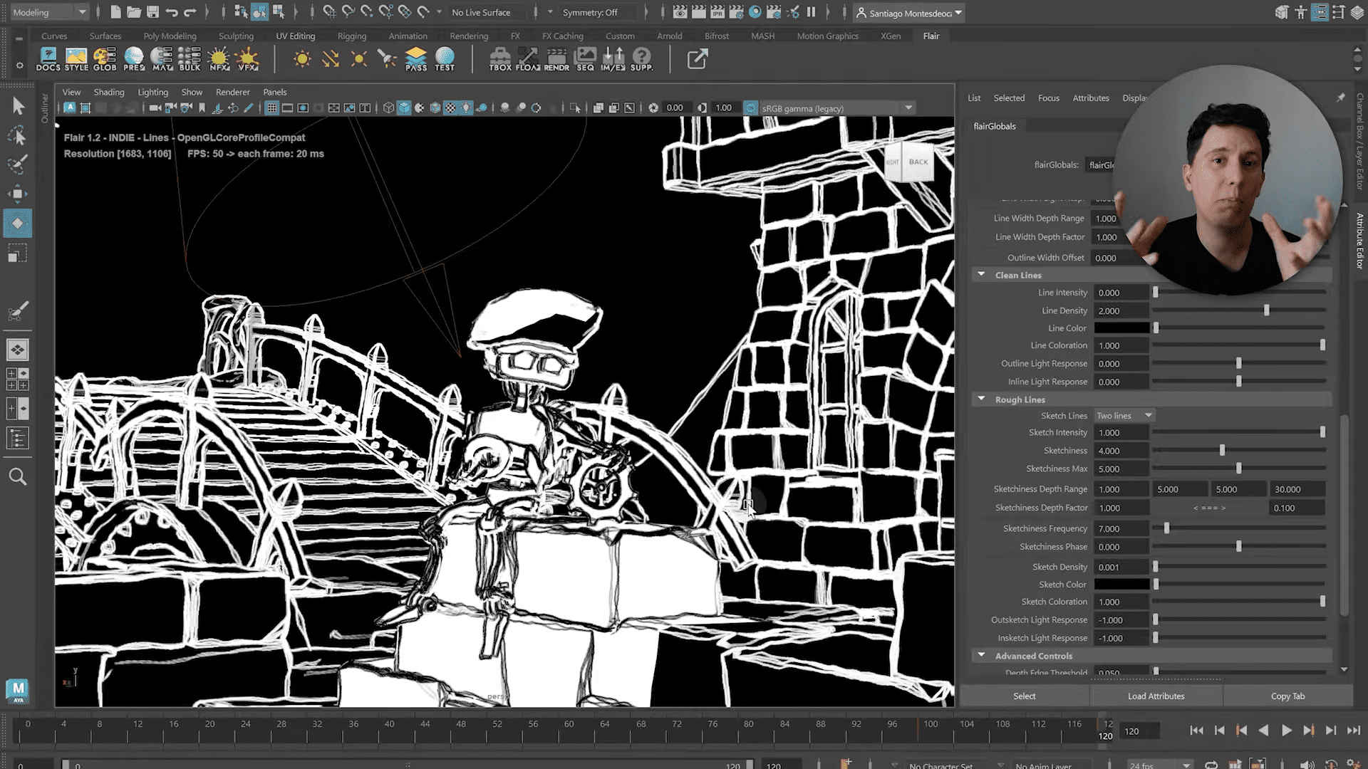 a digital artwork depicting a whimsical robot sitting on stone blocks near a bridge outlined in black and white the scene is set against a dark backdrop with the robot wearing a hat and expressive features in the corner a man gestures animatedly likely explaining the piece digital production A digital artwork depicting a whimsical robot sitting on stone blocks near a bridge, outlined in black and white. The scene is set against a dark backdrop, with the robot wearing a hat and expressive features. In the corner, a man gestures animatedly, likely explaining the piece.