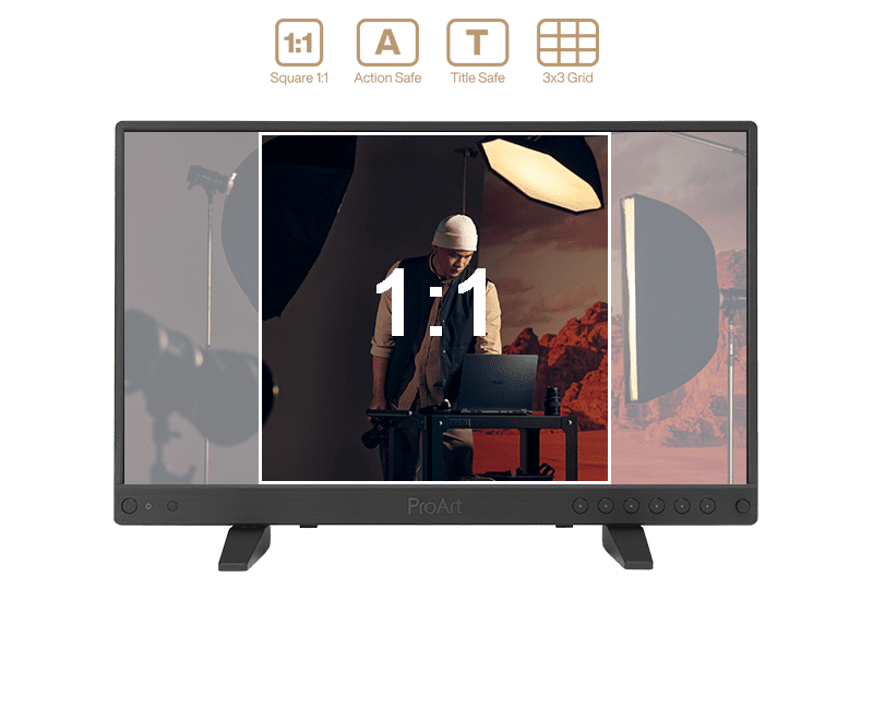 a proart monitor displaying a vibrant workspace scene a focused individual in a white shirt adjusts equipment surrounded by rich reddishorange backdrops illuminated by soft studio lights the monitor features a central overlay showing a 11 aspect ratio for precise editing digital production A ProArt monitor displaying a vibrant workspace scene. A focused individual in a white shirt adjusts equipment, surrounded by rich reddish-orange backdrops, illuminated by soft studio lights. The monitor features a central overlay showing a '1:1' aspect ratio for precise editing.