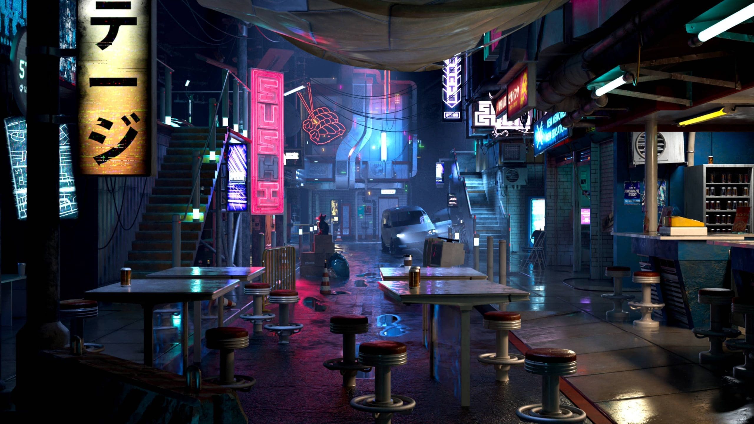 a vibrant neonlit alleyway bustling with energy colorful signs in various languages illuminate the wet pavement reflecting their glow tables and stools are scattered across the scene while a figure leans against a wall creating a lively urban atmosphere digital production A vibrant, neon-lit alleyway bustling with energy. Colorful signs in various languages illuminate the wet pavement, reflecting their glow. Tables and stools are scattered across the scene, while a figure leans against a wall, creating a lively urban atmosphere.