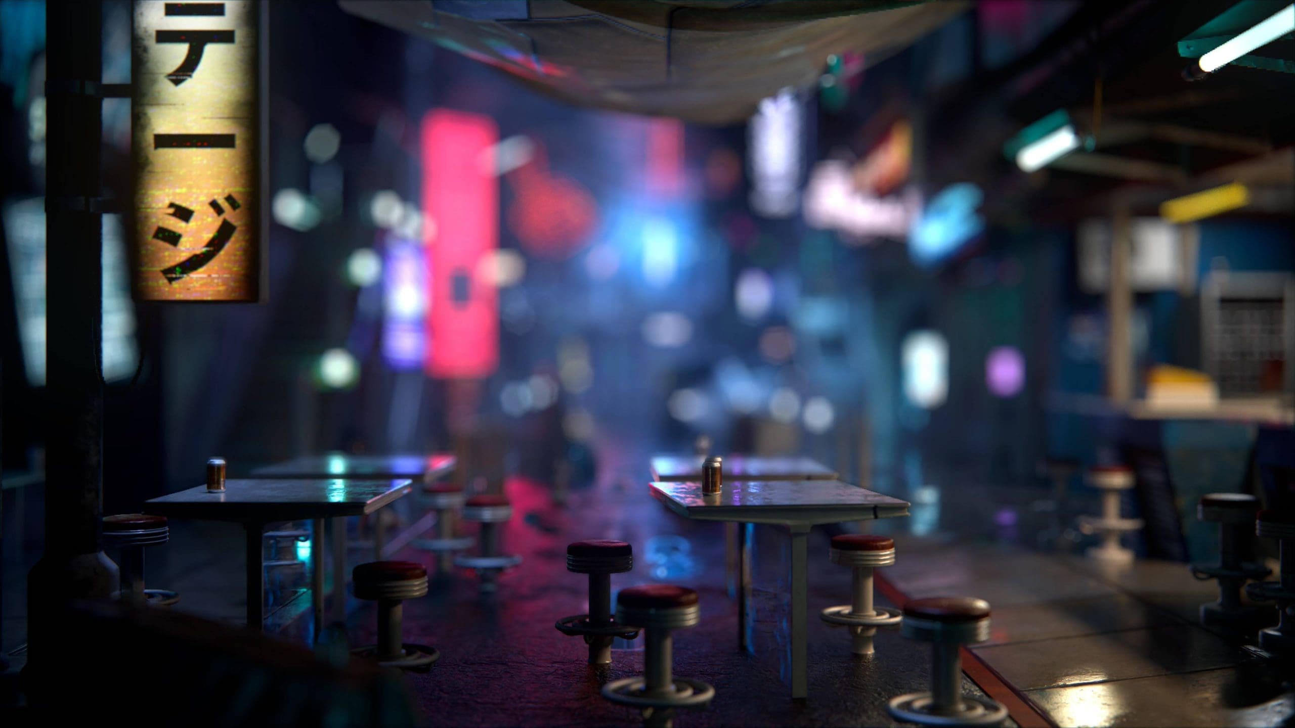 a narrow dimlylit street lined with colorful neon signs in various hues empty metal tables and stools rest under a shelter reflecting the wet pavement the atmosphere is vibrant yet serene evoking the lively ambiance of an urban night market digital production A narrow, dimly-lit street lined with colorful neon signs in various hues. Empty metal tables and stools rest under a shelter, reflecting the wet pavement. The atmosphere is vibrant yet serene, evoking the lively ambiance of an urban night market.