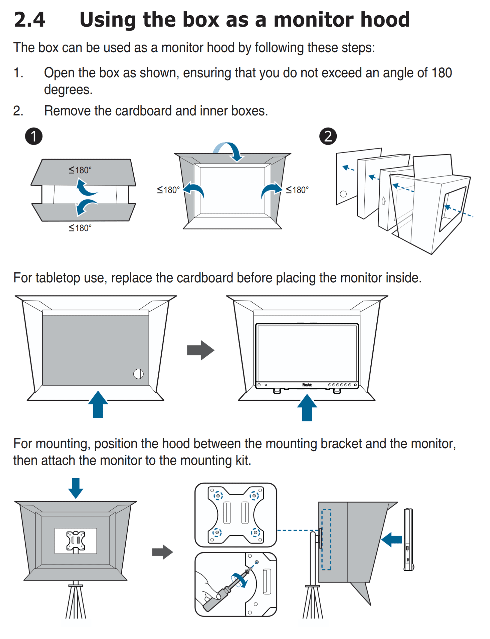 an instructional diagram illustrates how to use a box as a monitor hood it includes stepbystep images showing how to open the box remove inner components and place a monitor inside the images feature arrows indicating proper angles and setups for both tabletop and mounted use digital production An instructional diagram illustrates how to use a box as a monitor hood. It includes step-by-step images showing how to open the box, remove inner components, and place a monitor inside. The images feature arrows indicating proper angles and setups for both tabletop and mounted use.